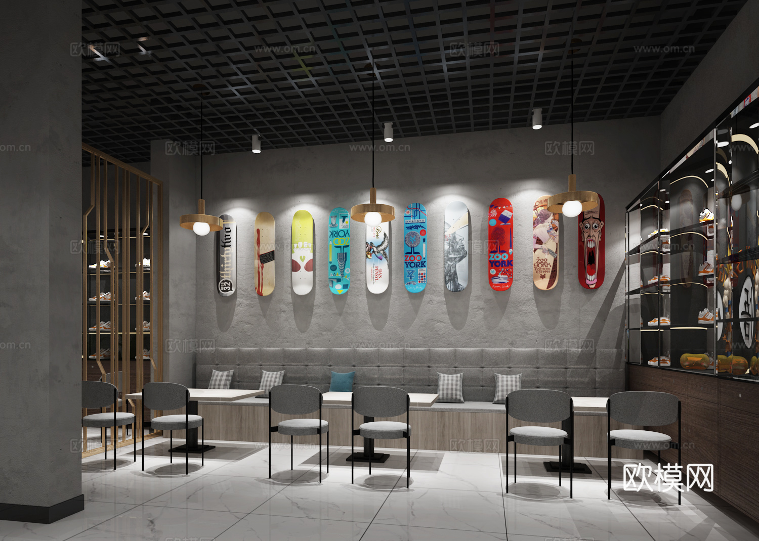 现代潮牌奶茶店 滑板 吧台 卡座 操作台3d模型
