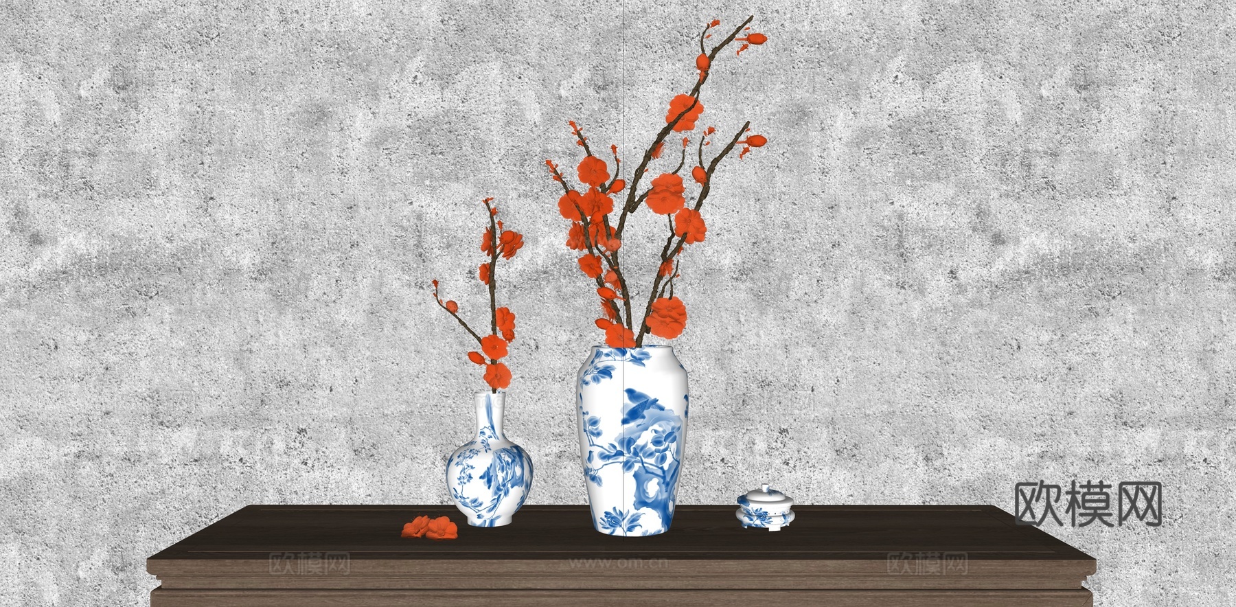 新中式 花瓶 花瓶花艺摆件 梅花插花 禅意插花 红梅 海滩su模型