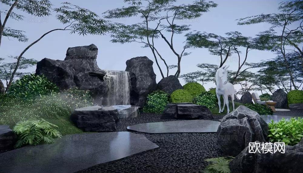 现代假山叠水水景 禅意水景 枯水 中式 水景su模型