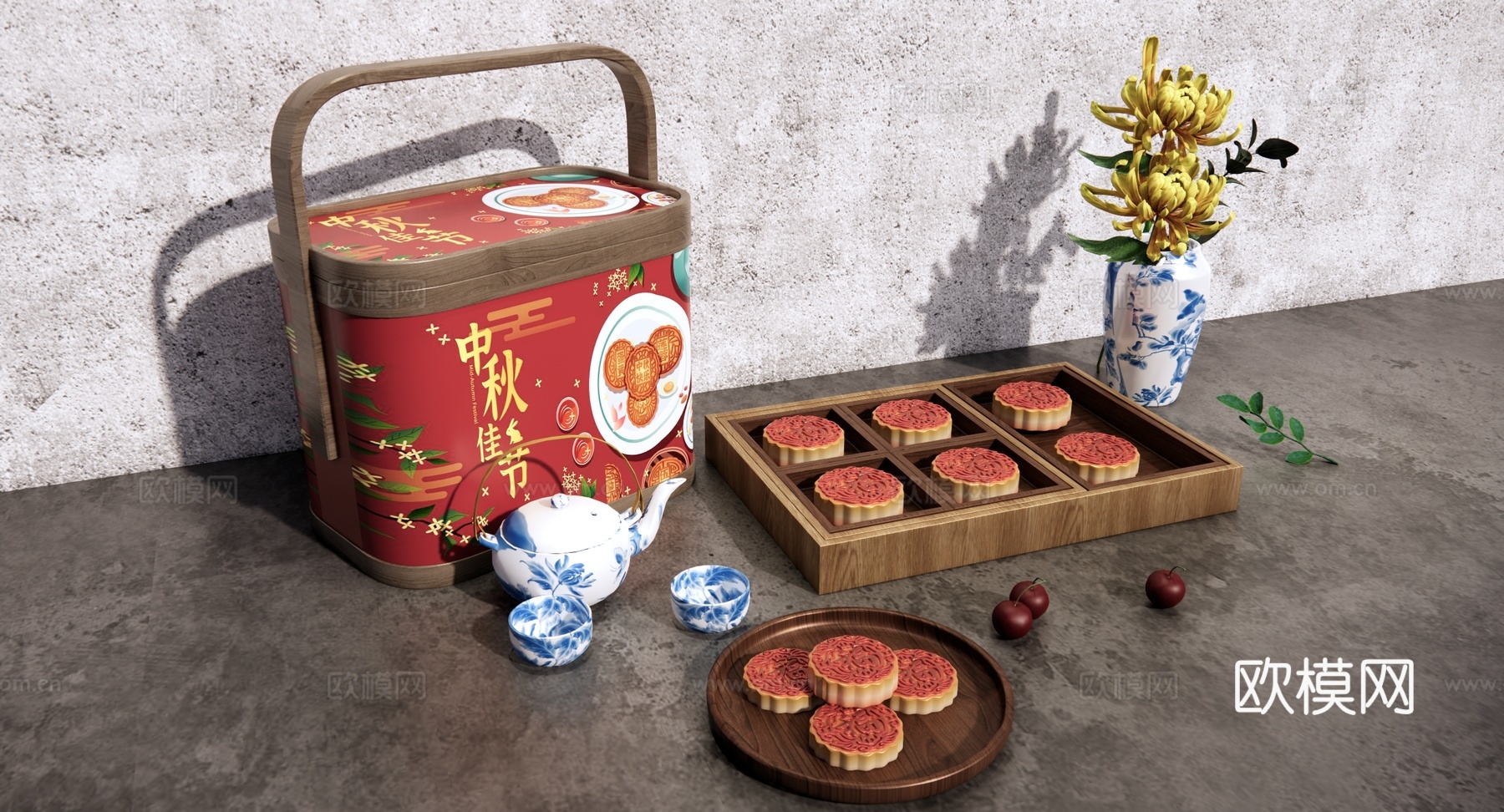 新中式 月饼 中秋节月饼礼盒 食盒 豆沙月饼 糕点 茶壶茶杯su模型