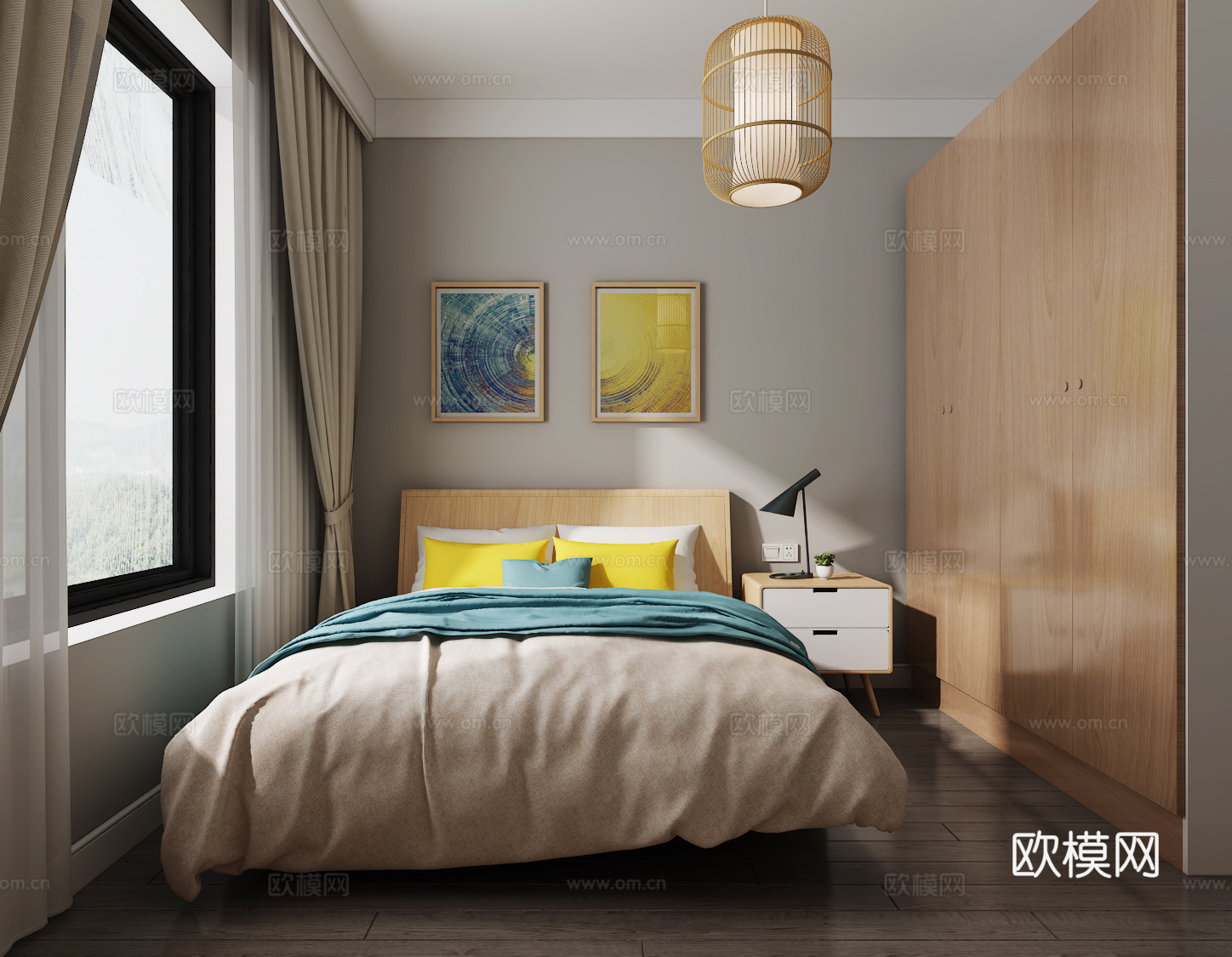 日式北欧卧室床 梳妆台 装饰品 灯 挂画 地毯3d模型