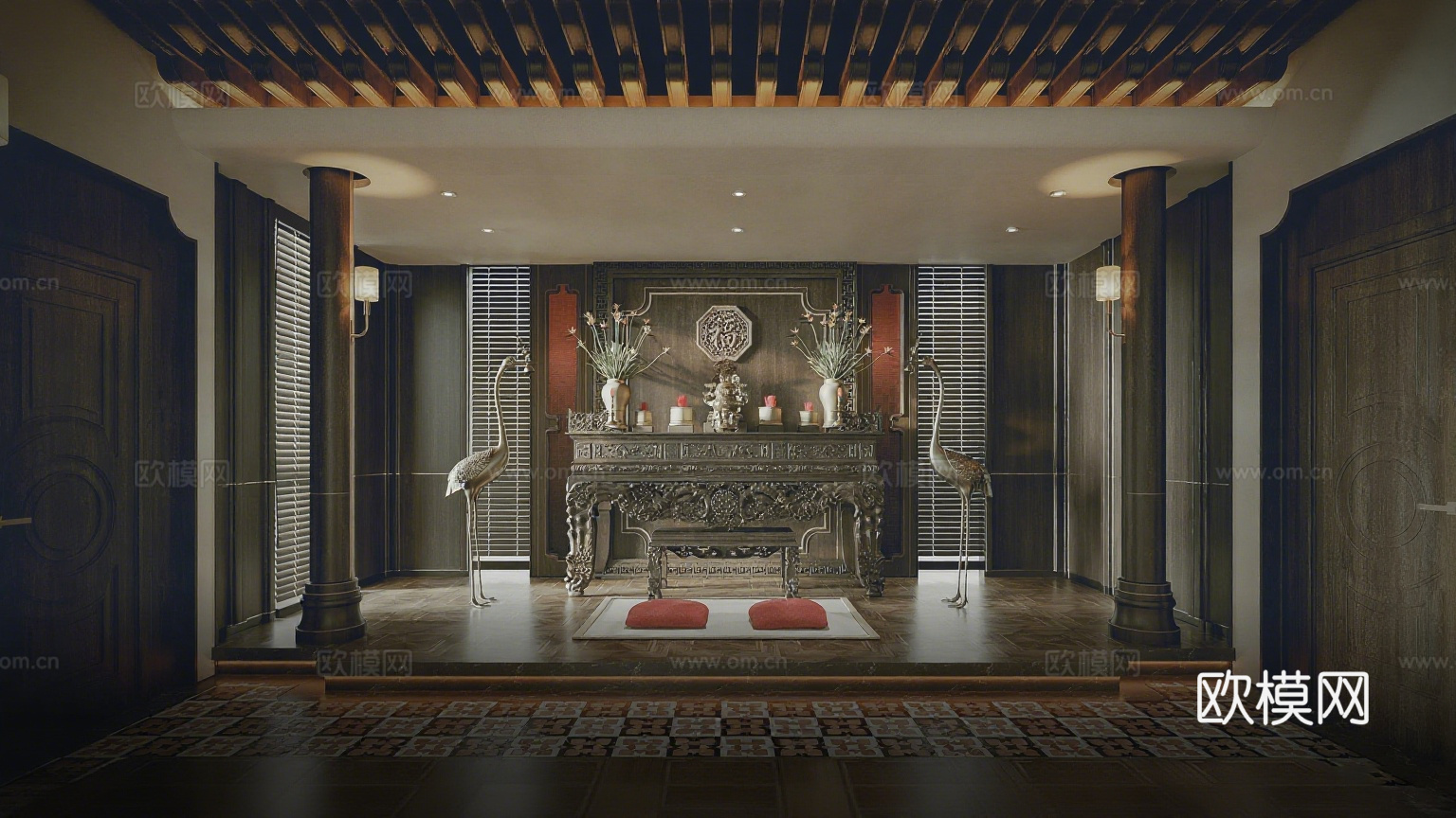 新中式禅意客厅 条案 仙鹤雕塑 骏马画作 福字装饰 博古架3d模型