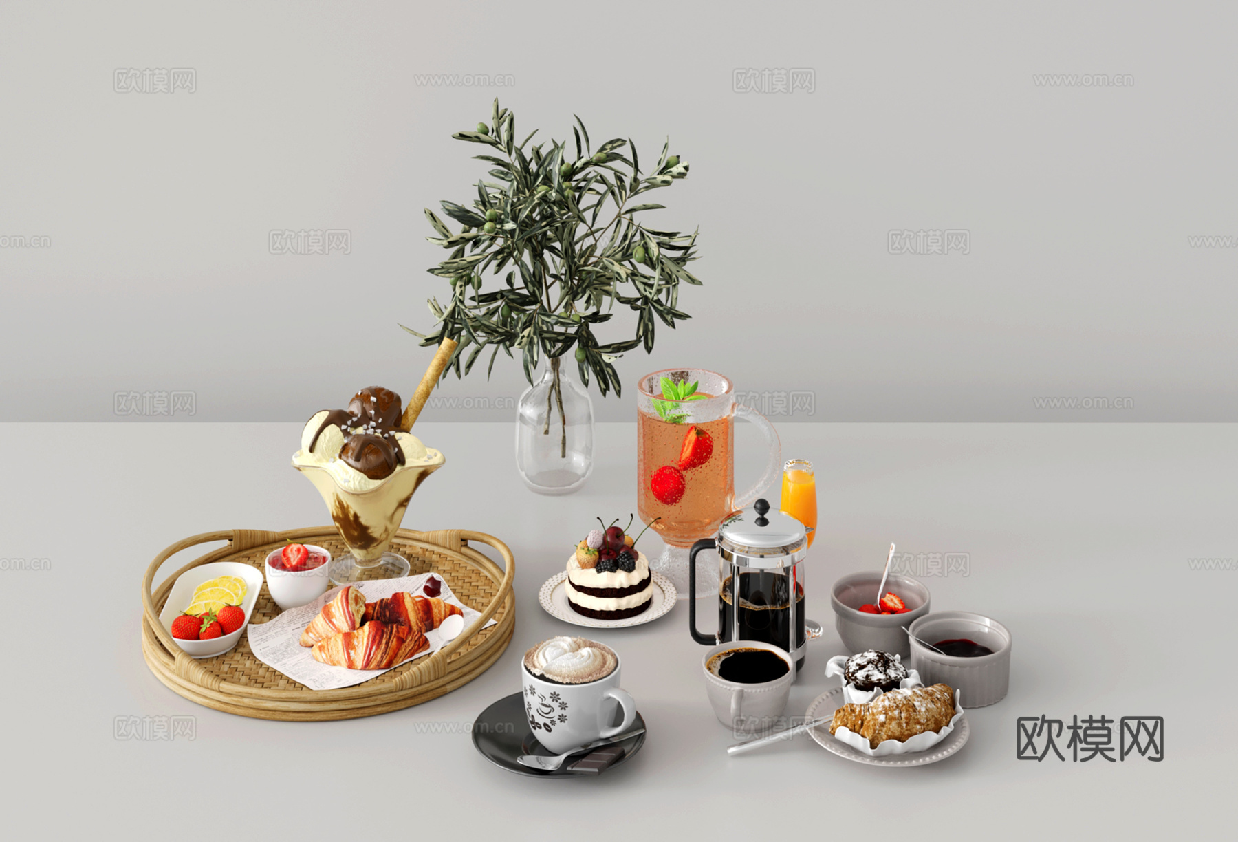 现代酒水食物 西餐甜品 藤编托盘 咖啡 果汁 饮料 面包 花3d模型