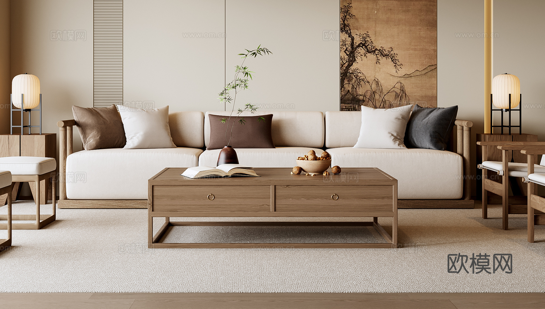 新中式沙发茶几组合3d模型下载