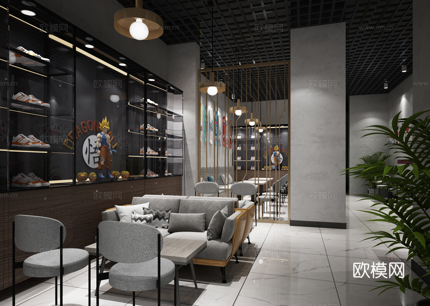 现代潮牌奶茶店 滑板 吧台 卡座 操作台3d模型