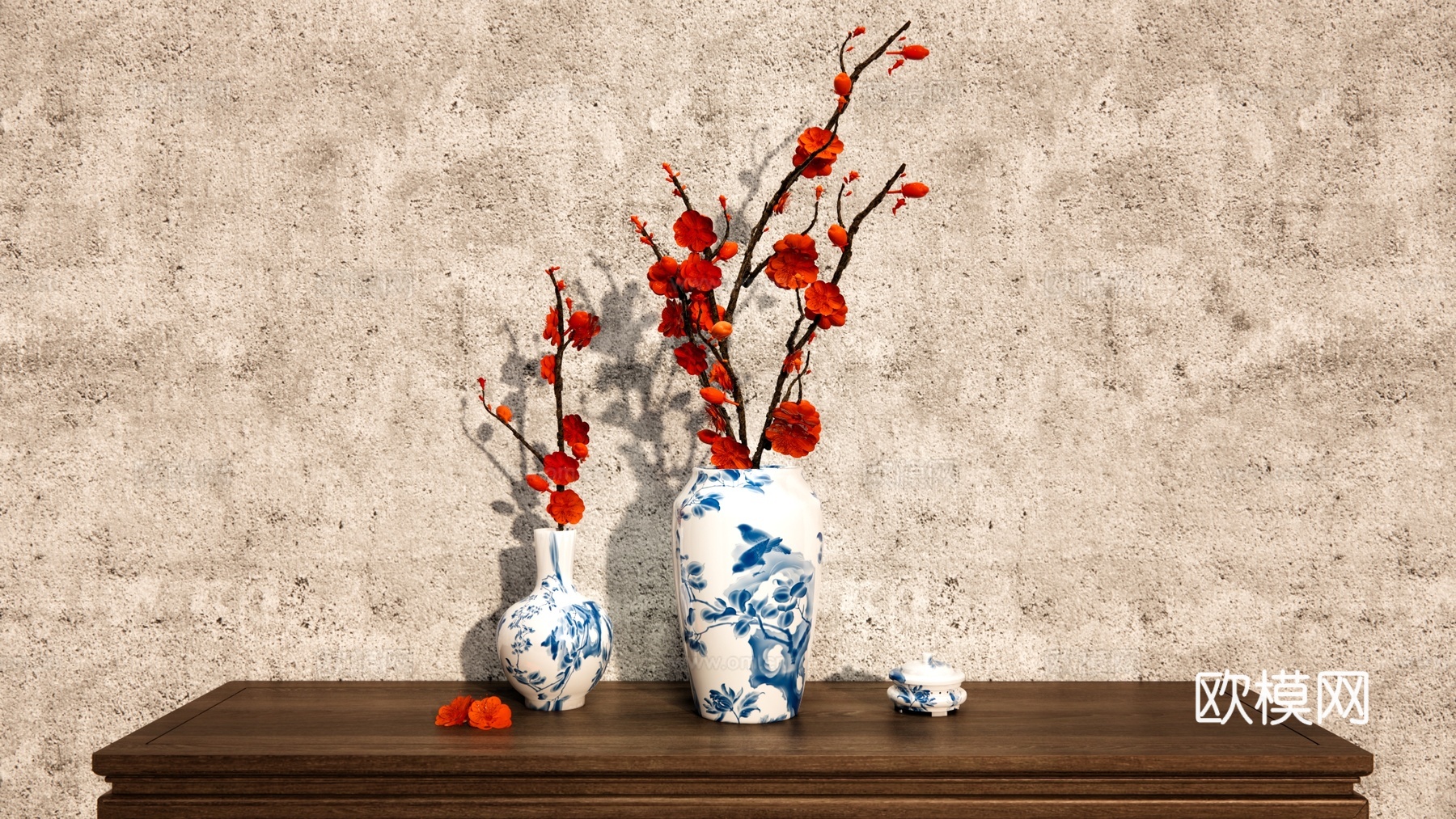 新中式 花瓶 花瓶花艺摆件 梅花插花 禅意插花 红梅 海滩su模型
