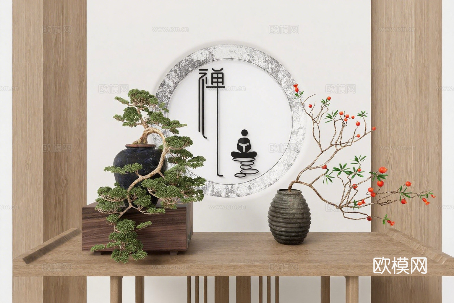 ​​新中式禅意绿植盆栽 挂画 盆景树 红果枝 浅木桌su模型