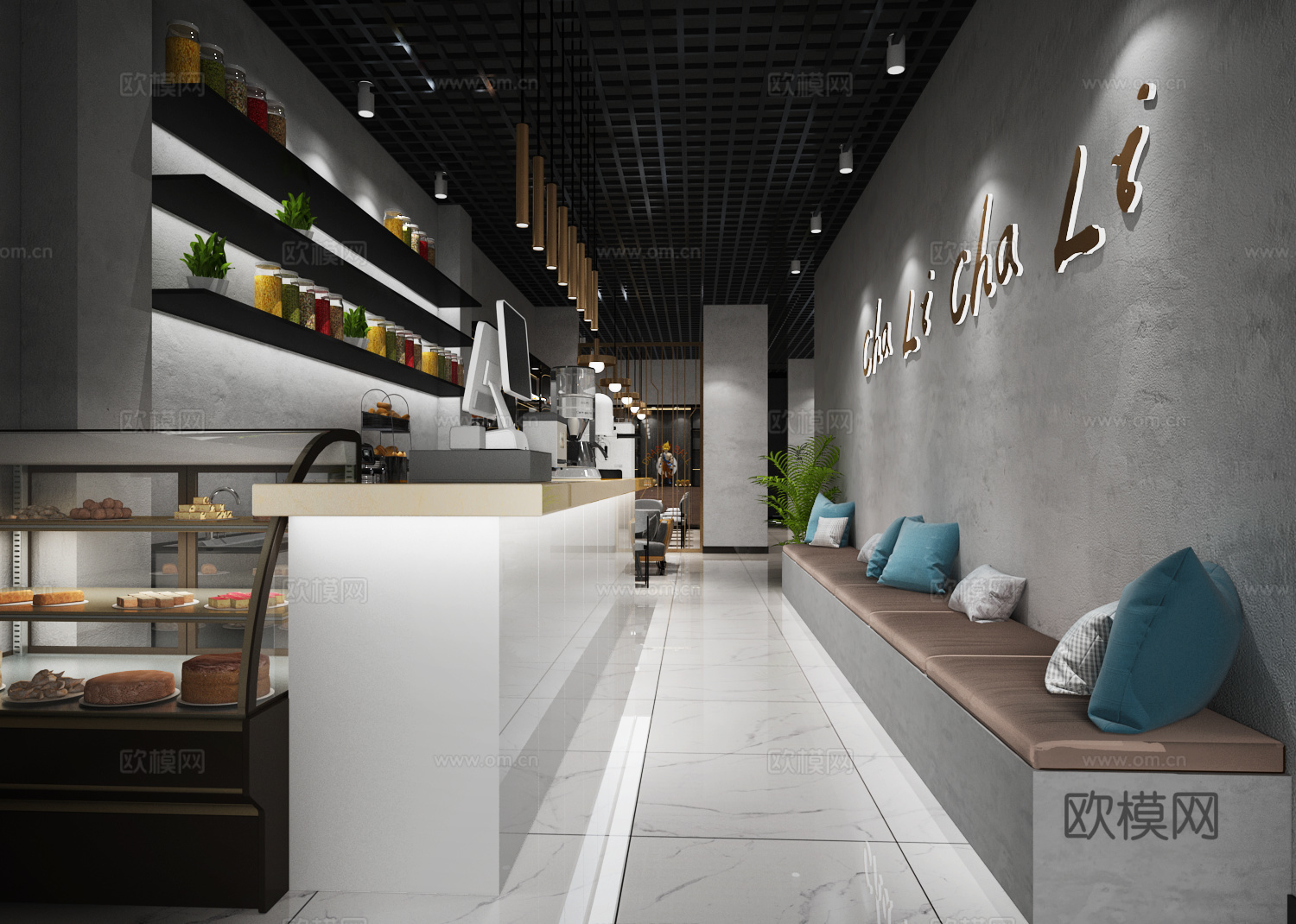 现代潮牌奶茶店 滑板 吧台 卡座 操作台3d模型