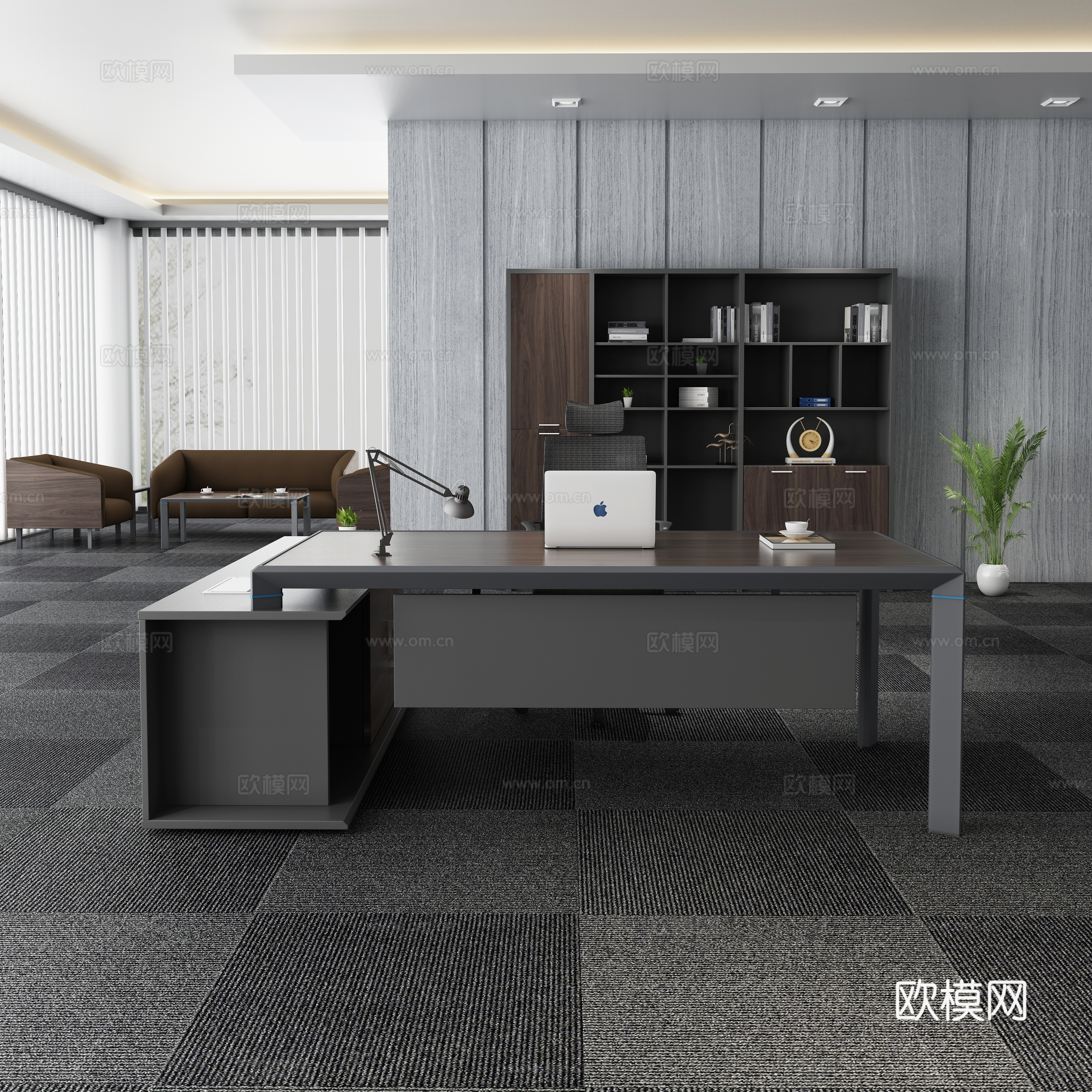 现代办公室 经理室 主管室 深色木纹老板桌 办公椅 文件柜3d模型