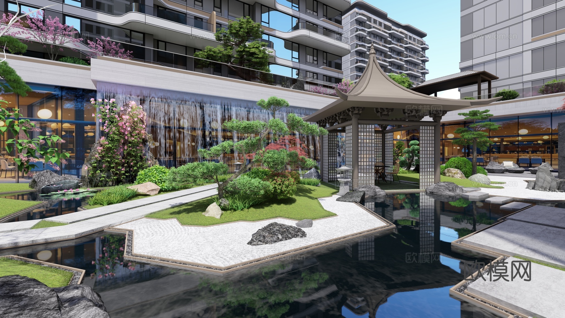 中央景观区下沉庭院广场水景su模型