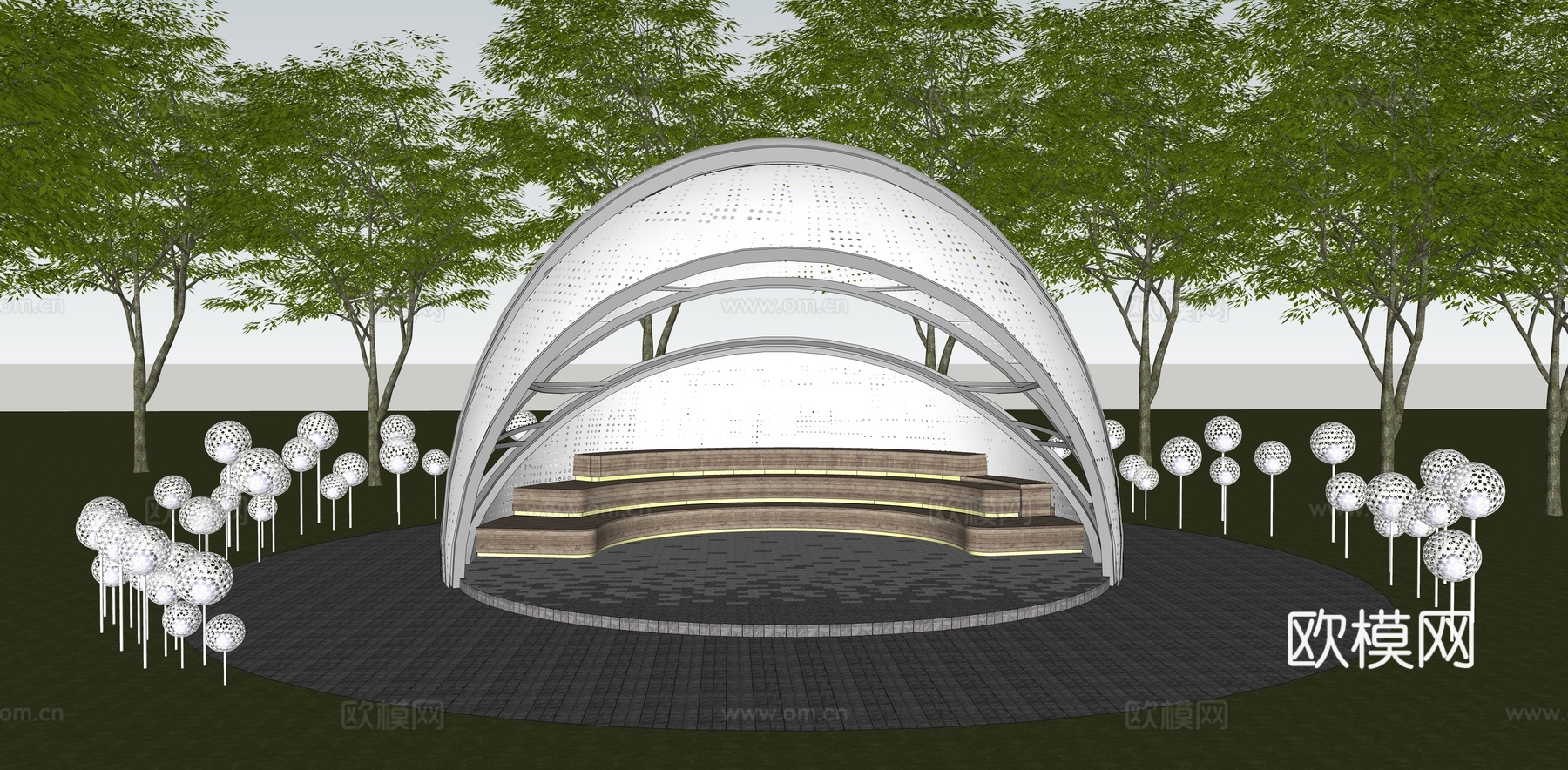 现代 廊架 异形景观廊架 圆形廊架 格栅廊架 示范区休闲会客su模型