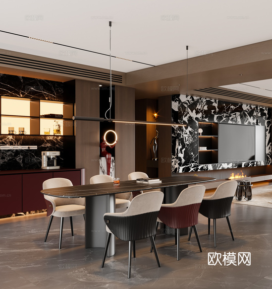 现代意式餐厅 餐桌椅 吊灯 酒柜 餐边柜3d模型下载_ID16014073_3dmax免费模型-欧模网