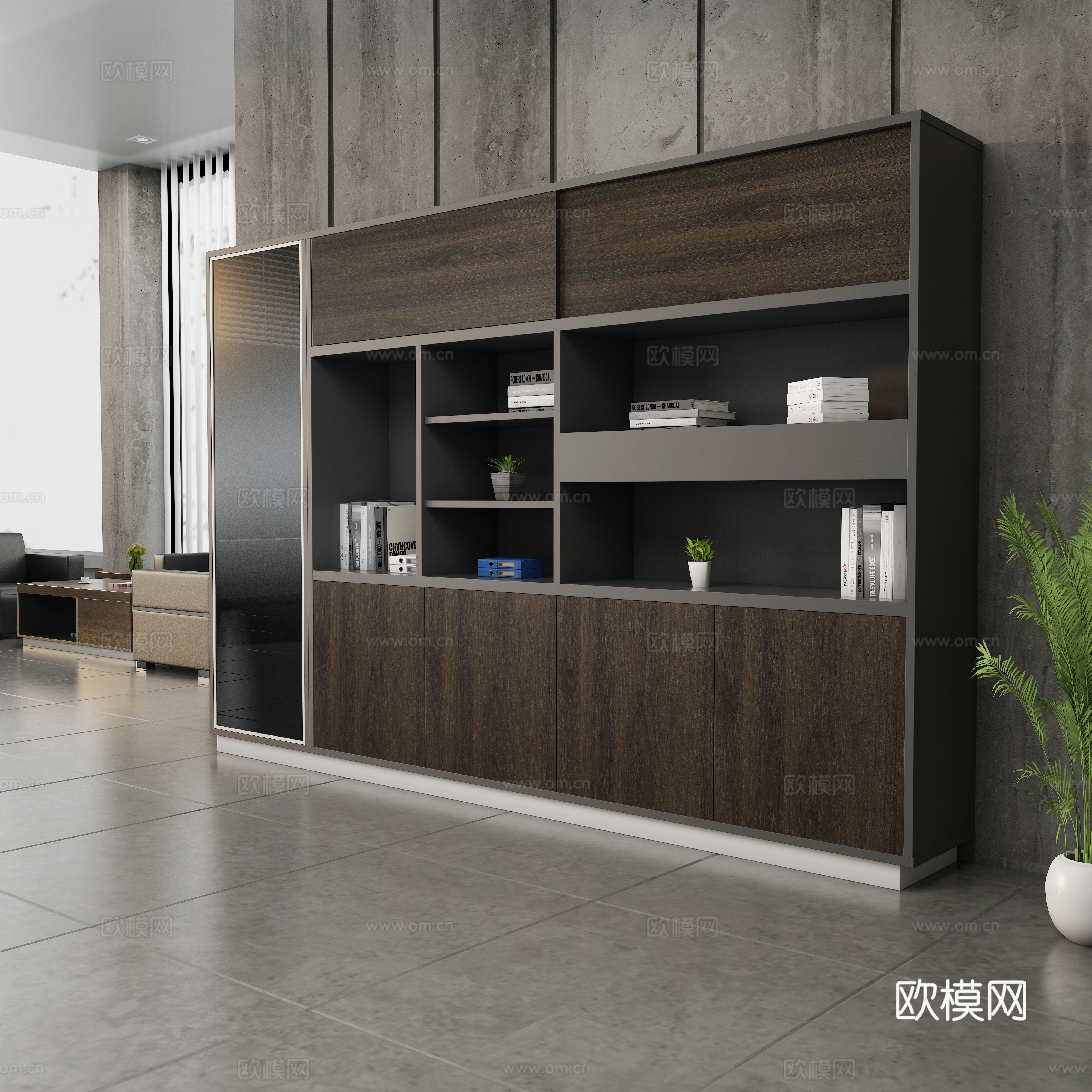 现代办公室 经理室 主管室 深色木纹老板文件柜 储物柜 书柜3d模型
