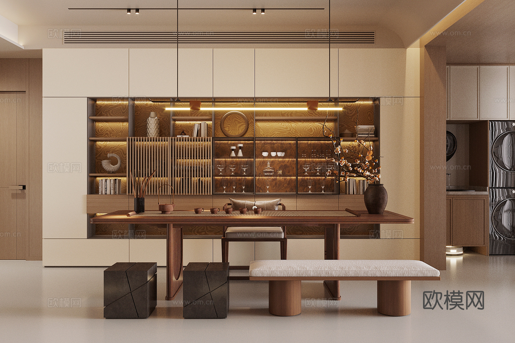 新中式禅意茶室 实木餐桌椅组合 茶桌椅 品茶区 餐边柜茶柜3d模型下载