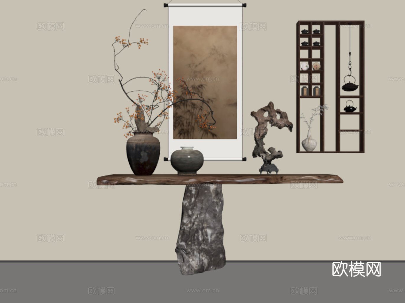 新中式端景台 置物架 茶具多宝阁 花瓶 挂画 饰品摆件su模型