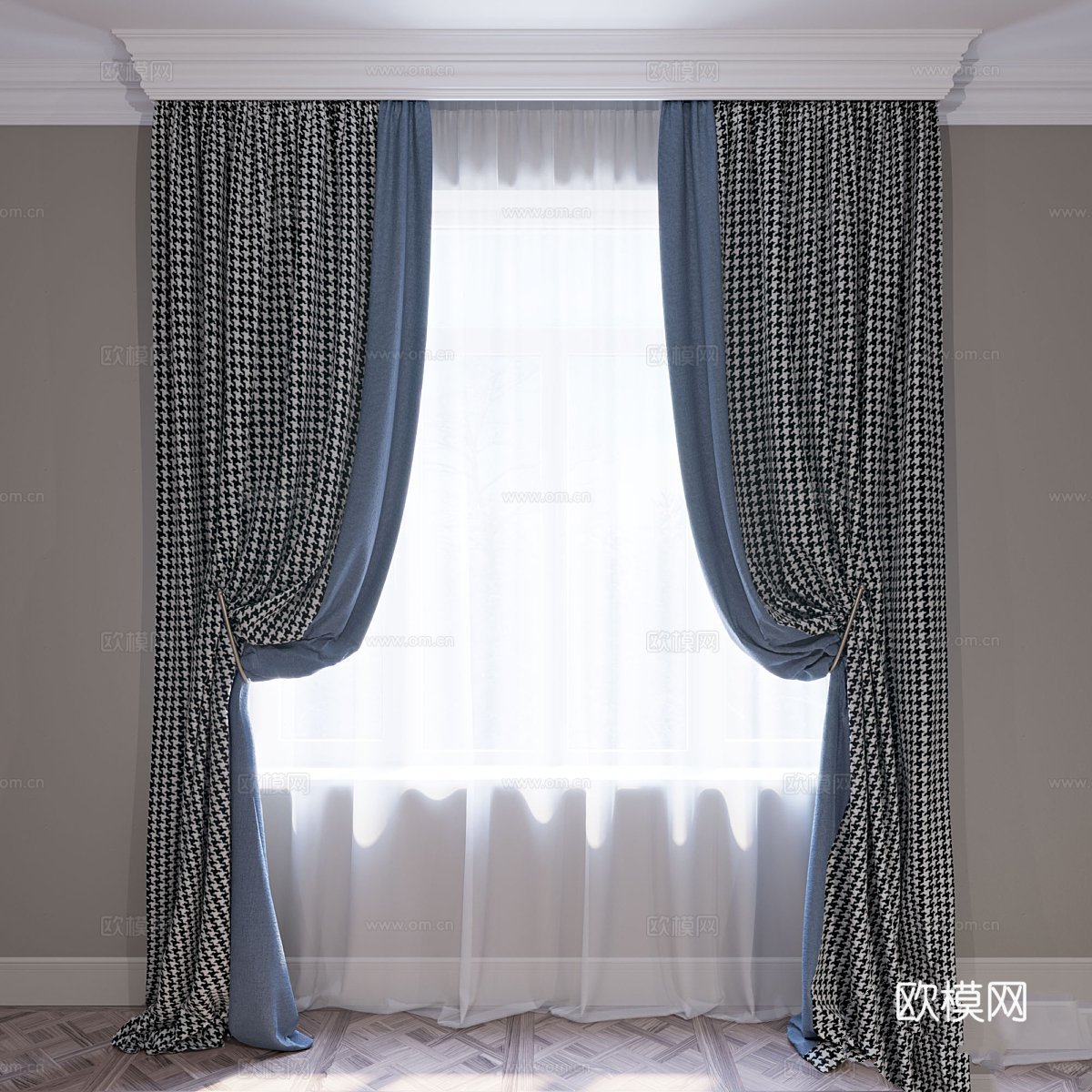 蓝色与千鸟格窗帘套装3d模型