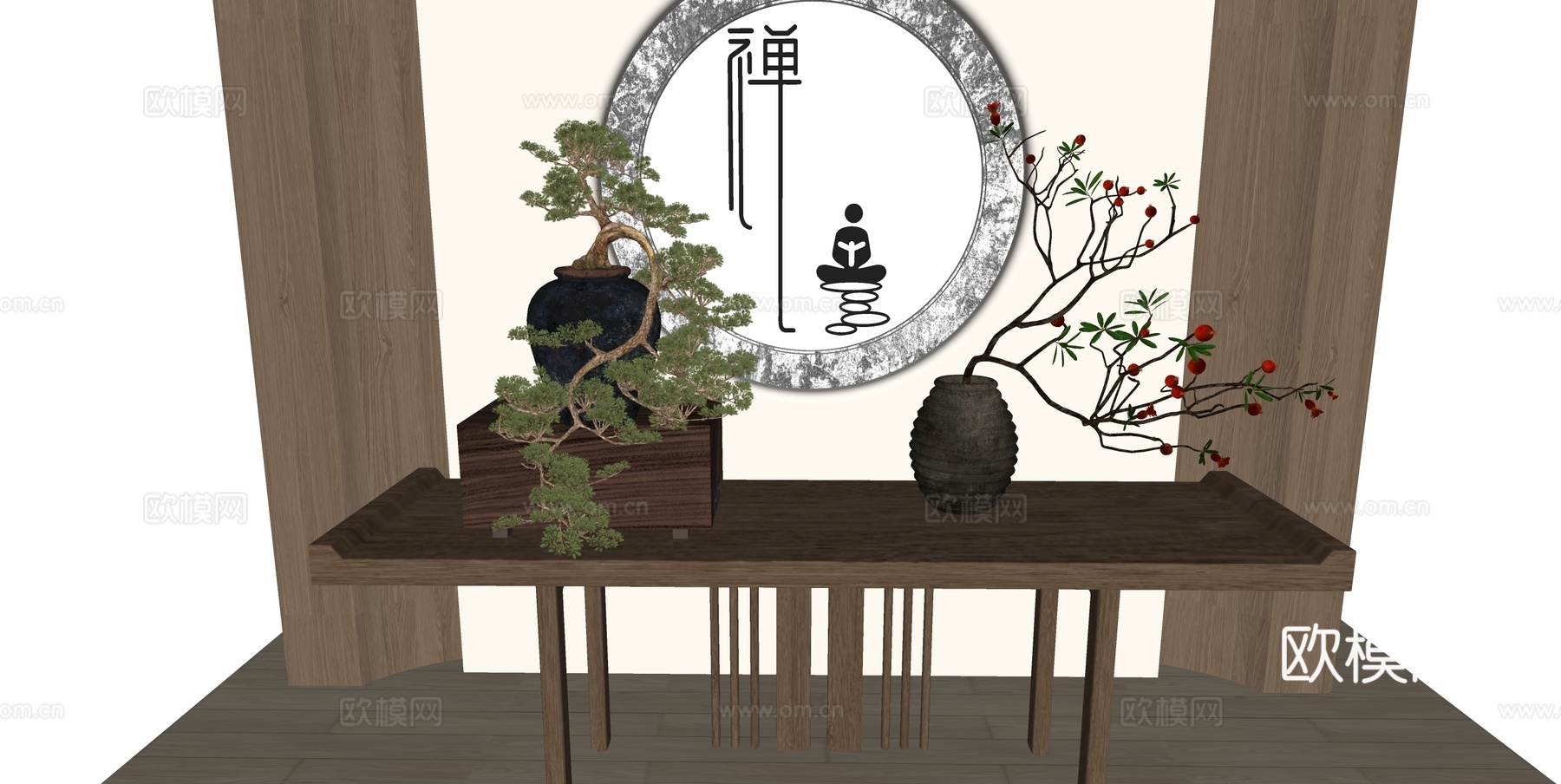 ​​新中式禅意绿植盆栽 挂画 盆景树 红果枝 浅木桌su模型