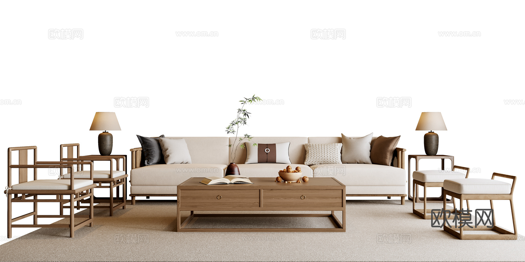 新中式沙发茶几组合3d模型下载