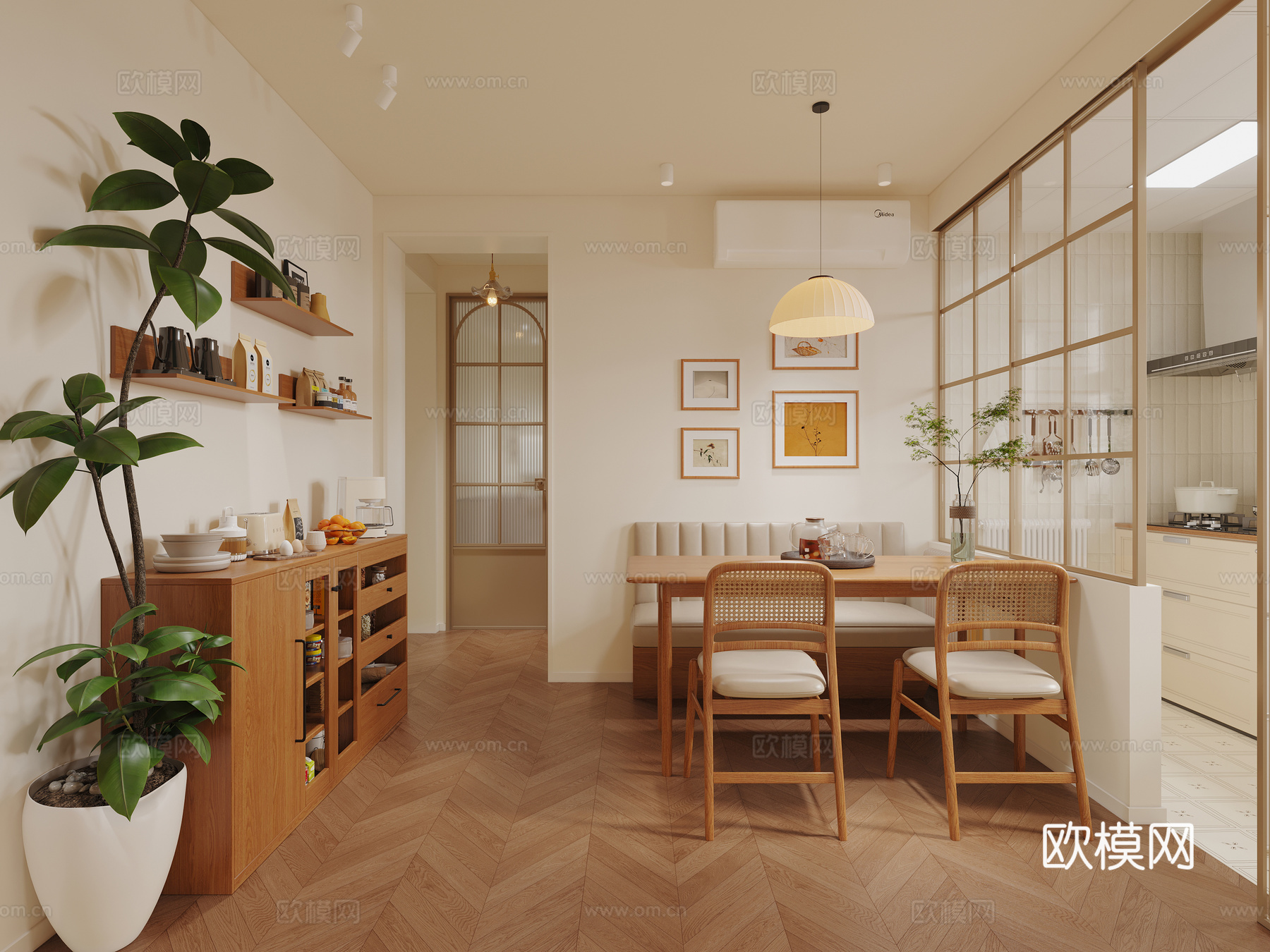 奶油原木风餐厅3d模型