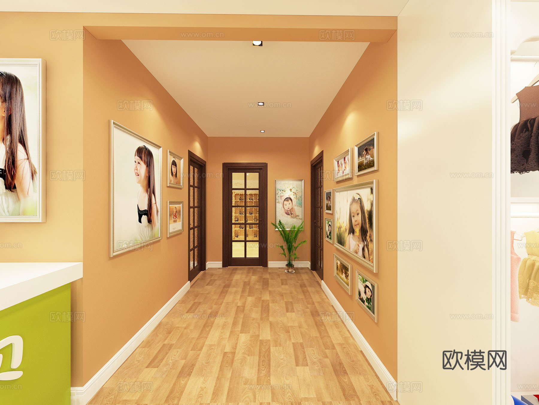 简欧儿童宝贝摄影 儿童礼服化妆区走廊玩具熊前台沙发边柜镜子3d模型下载（渲染图3）