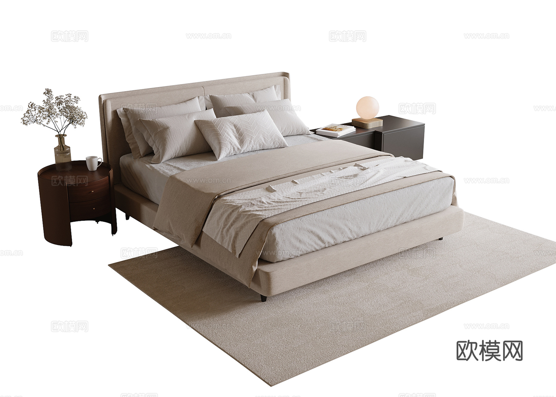 现代双人床 床头柜 台灯3d模型下载