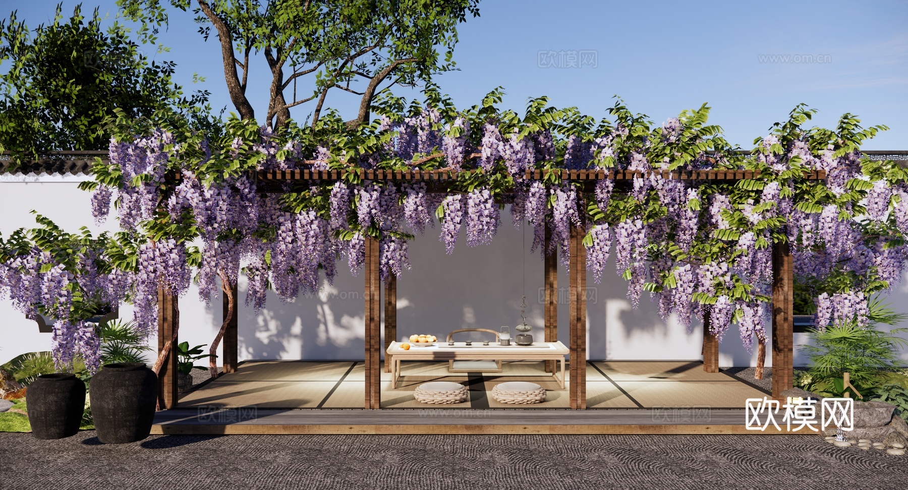 现代 廊架 庭院花园 紫萝别院 紫藤萝廊架 紫藤花架 户外茶su模型
