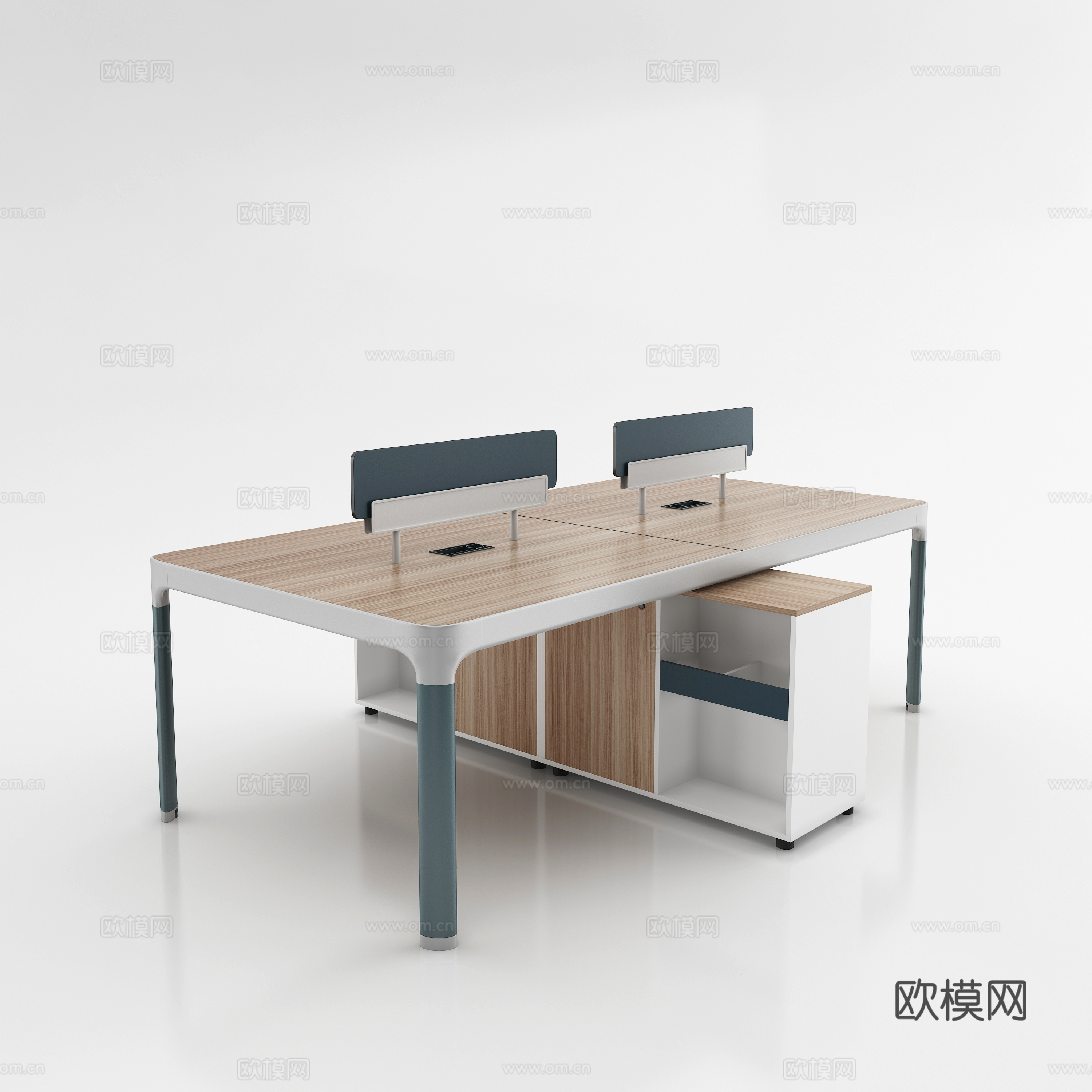 现代挡板四人位职员桌 副柜职员桌 浅色木纹职员桌3d模型下载