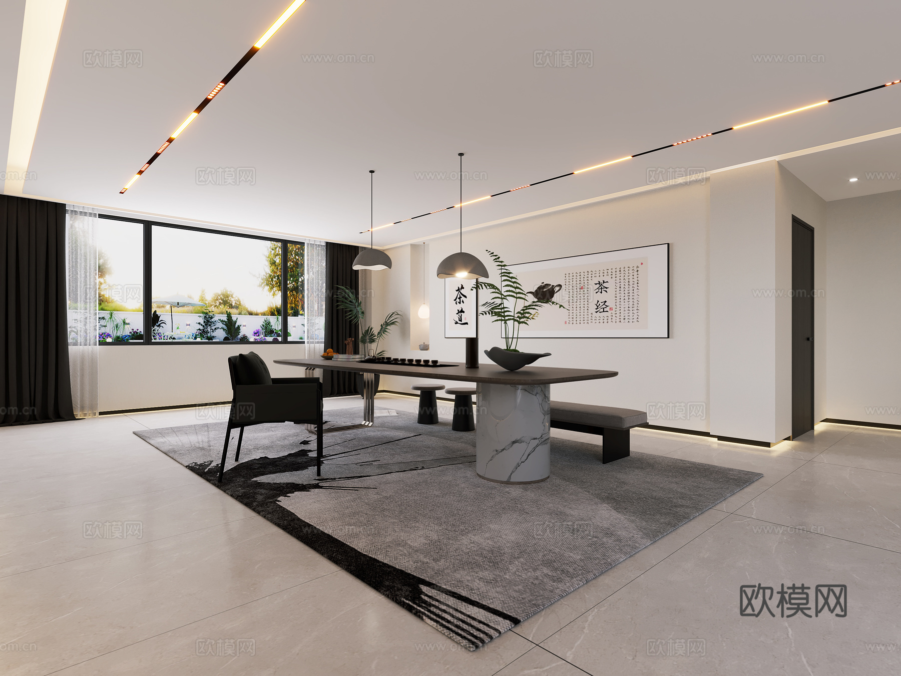 黑白灰茶室3d模型下载（渲染图1）