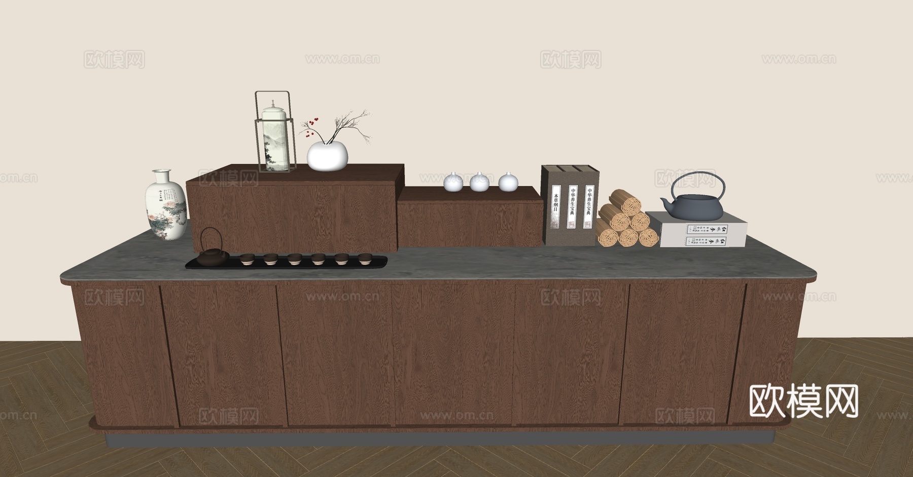 新中式茶叶柜 茶叶展示柜 茶叶 茶壶 茶叶罐 茶饼 茶具展柜su模型