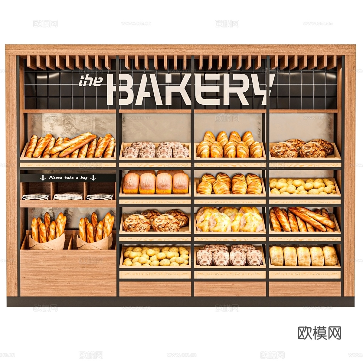 面包店展示柜，摆放面包和糕点3d模型