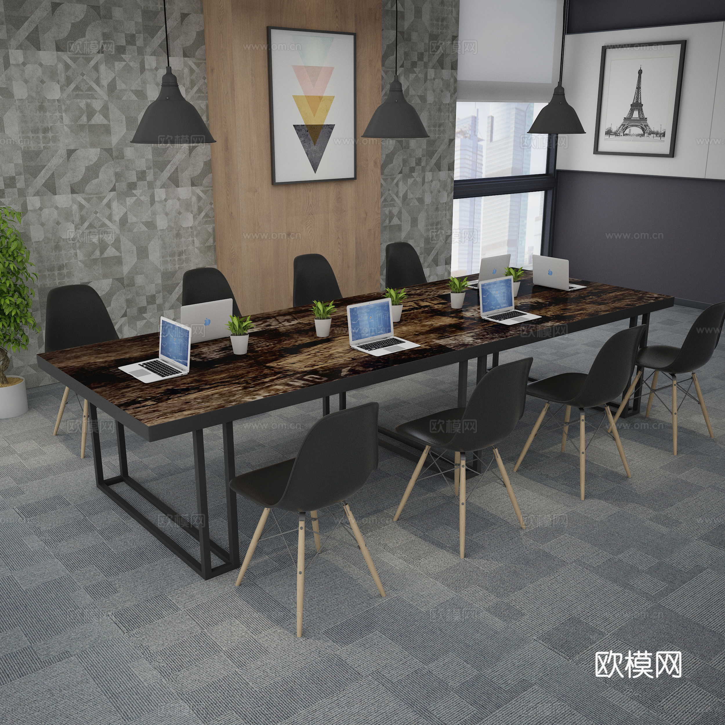 现代工业风会议室 会议桌 会议台 会议椅 休闲椅3d模型