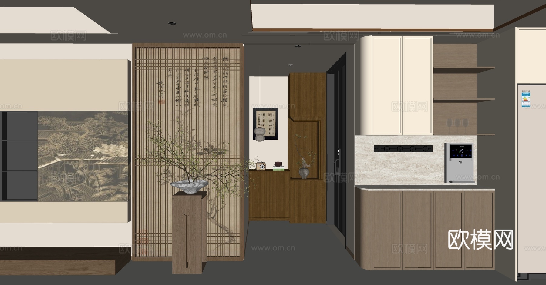 中古风入户玄关 原木风玄关柜 端景台玄关 别墅玄关 玄关背景su模型