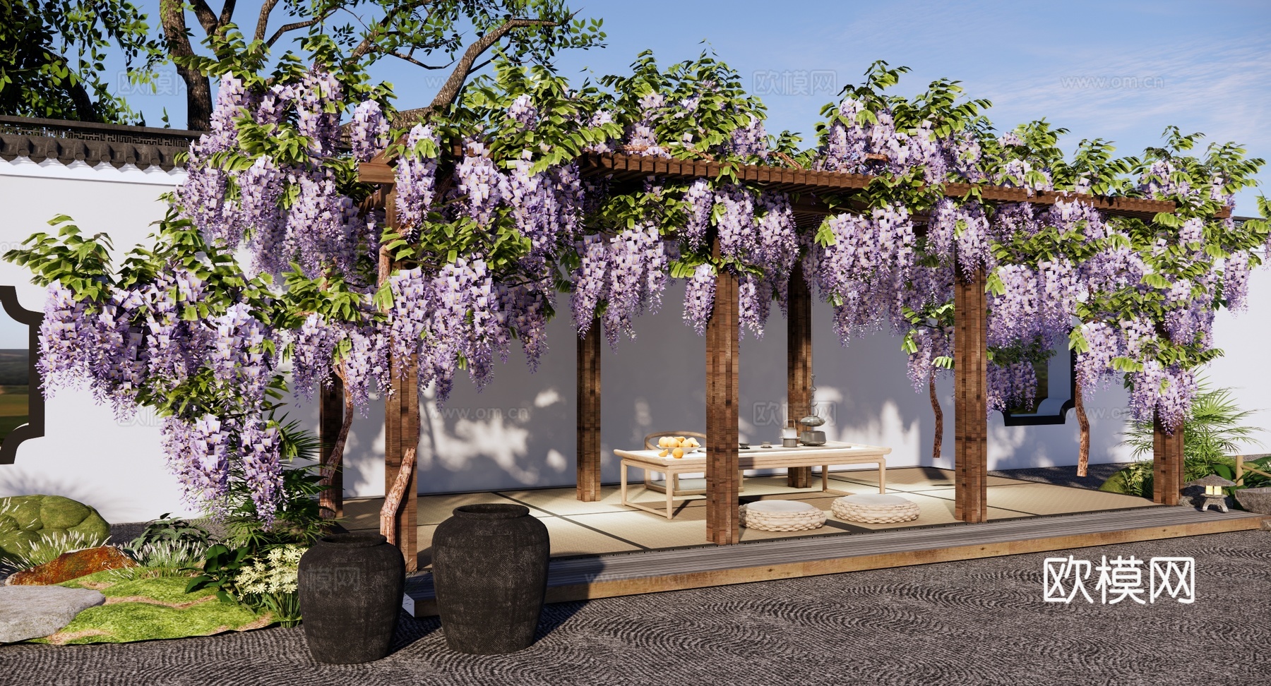 现代 廊架 庭院花园 紫萝别院 紫藤萝廊架 紫藤花架 户外茶su模型