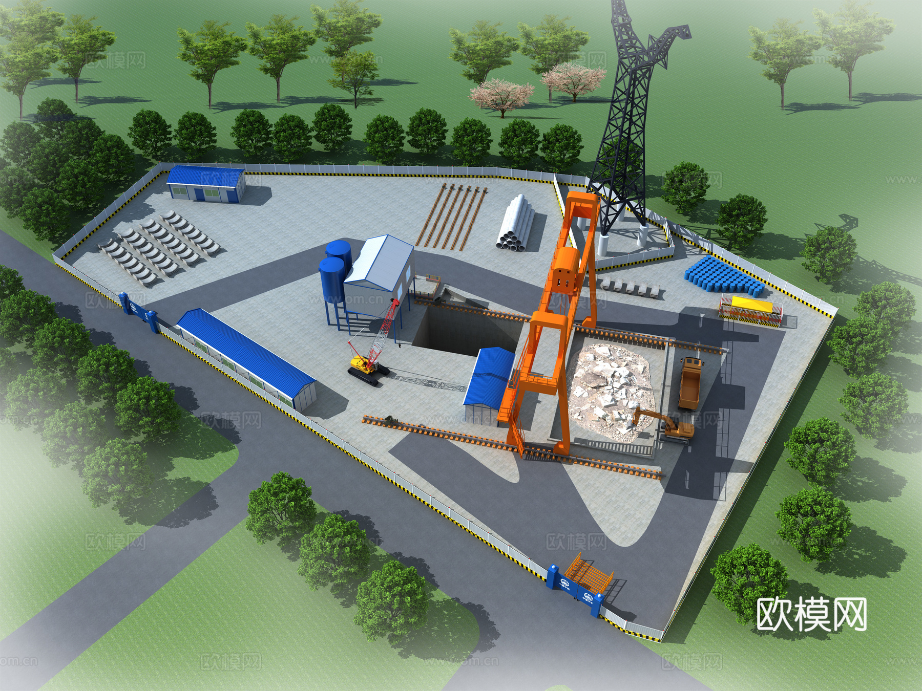 工地鸟瞰图 吊车 铁塔3d模型下载