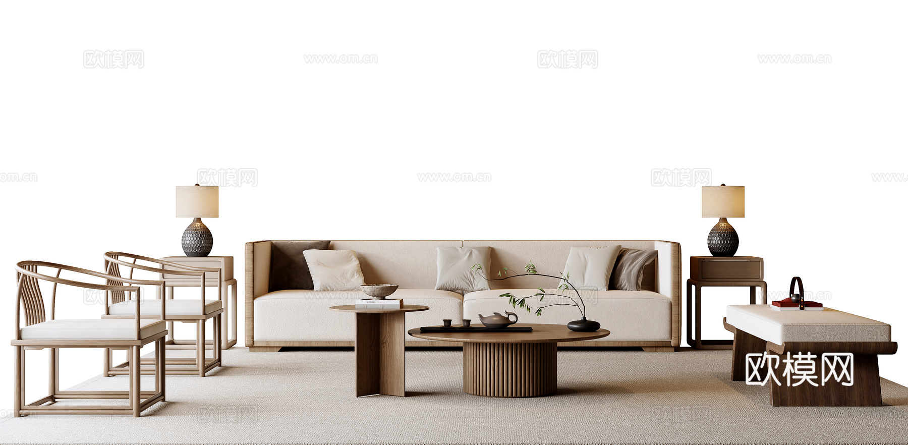 新中式沙发茶几组合3d模型下载