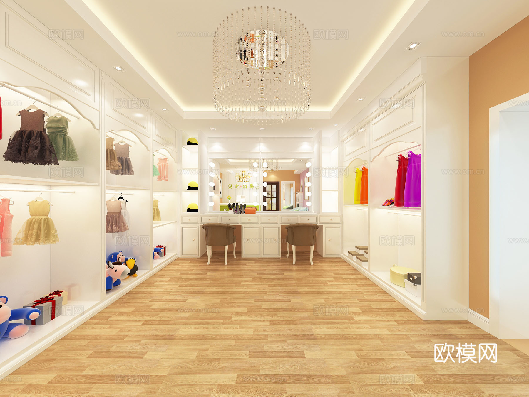 简欧儿童宝贝摄影 儿童礼服化妆区走廊玩具熊前台沙发边柜镜子3d模型下载（渲染图1）