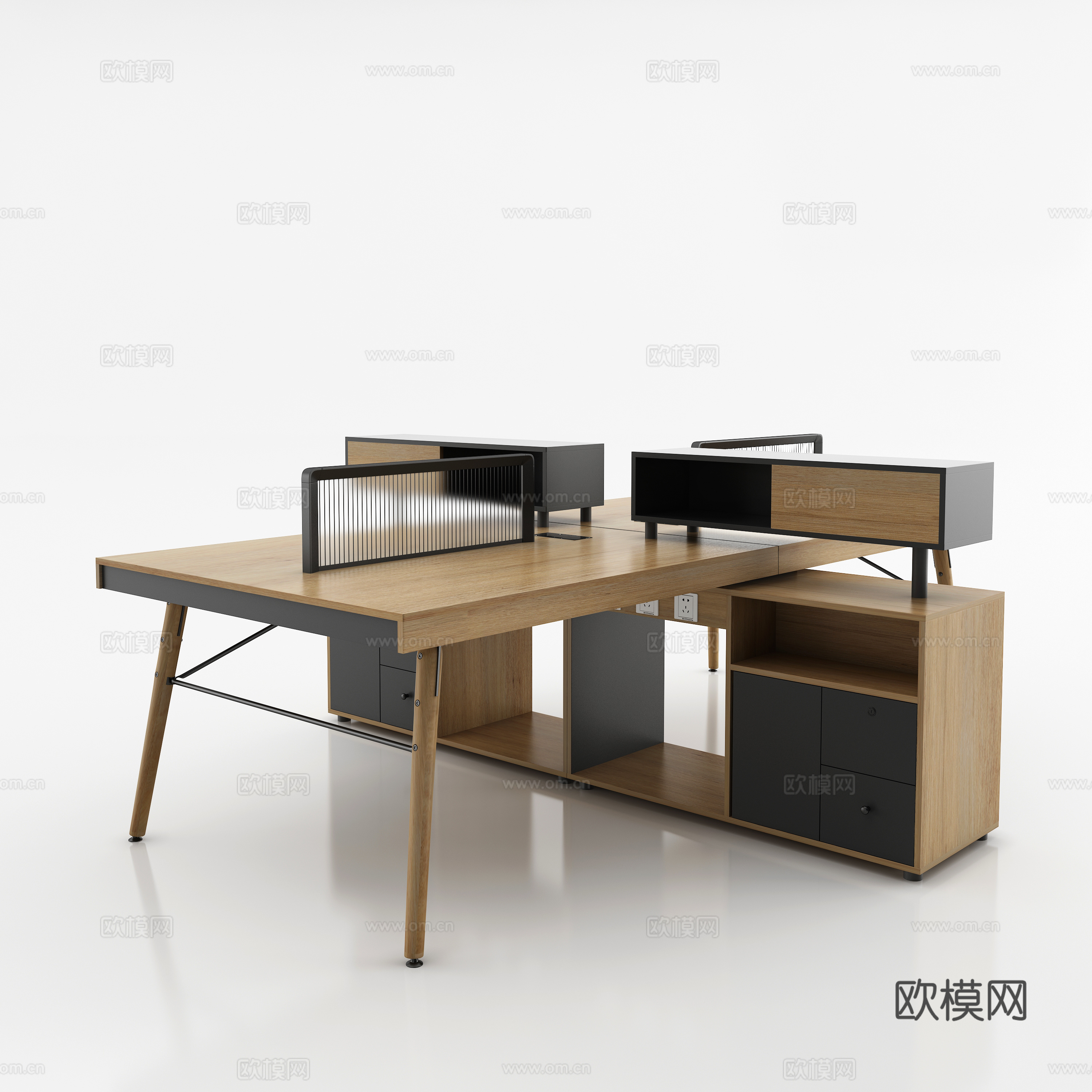 现代挡板四人位职员桌 副柜职员桌 浅色木纹职员桌3d模型下载