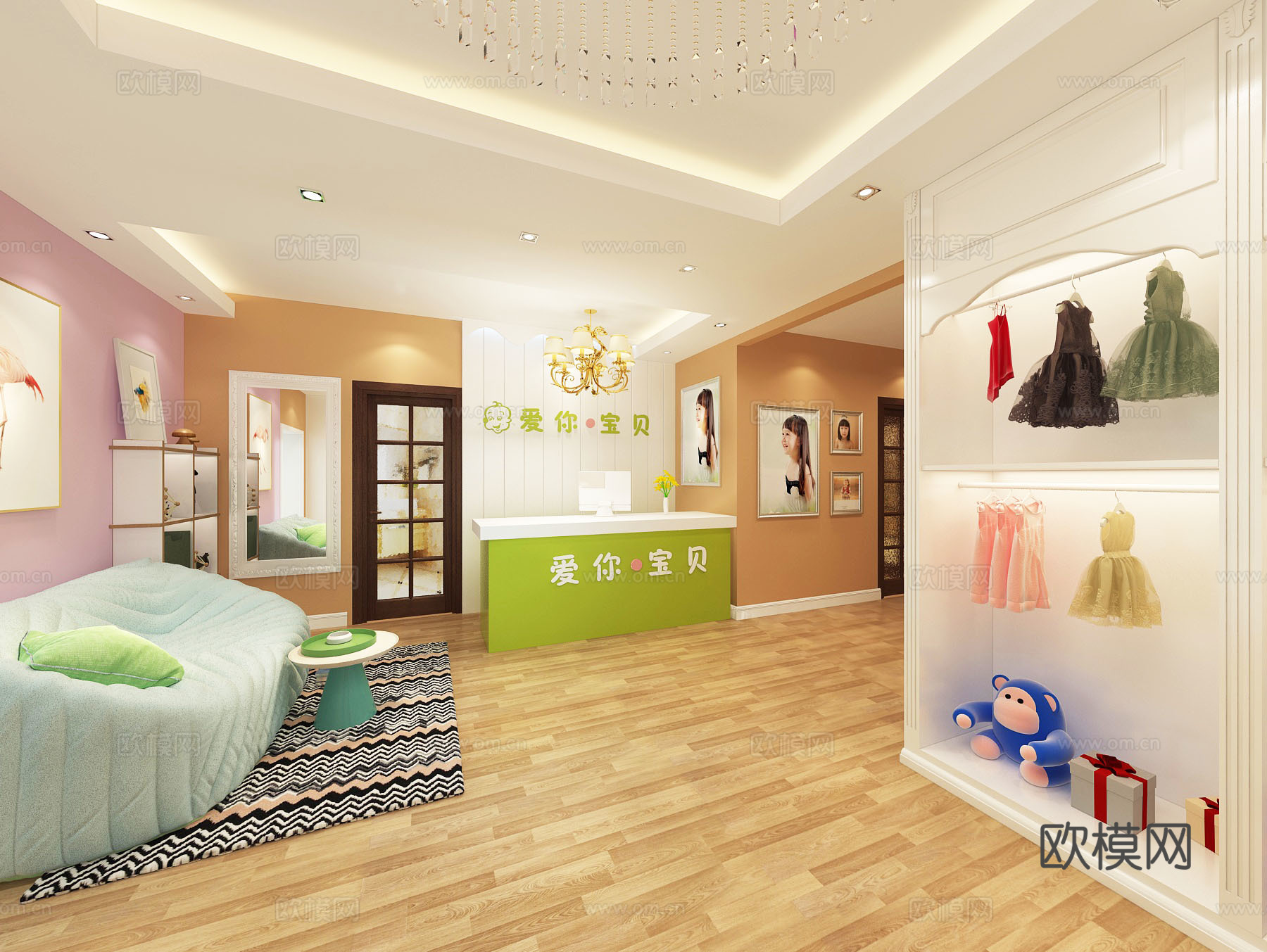 简欧儿童宝贝摄影 儿童礼服化妆区走廊玩具熊前台沙发边柜镜子3d模型下载（渲染图2）