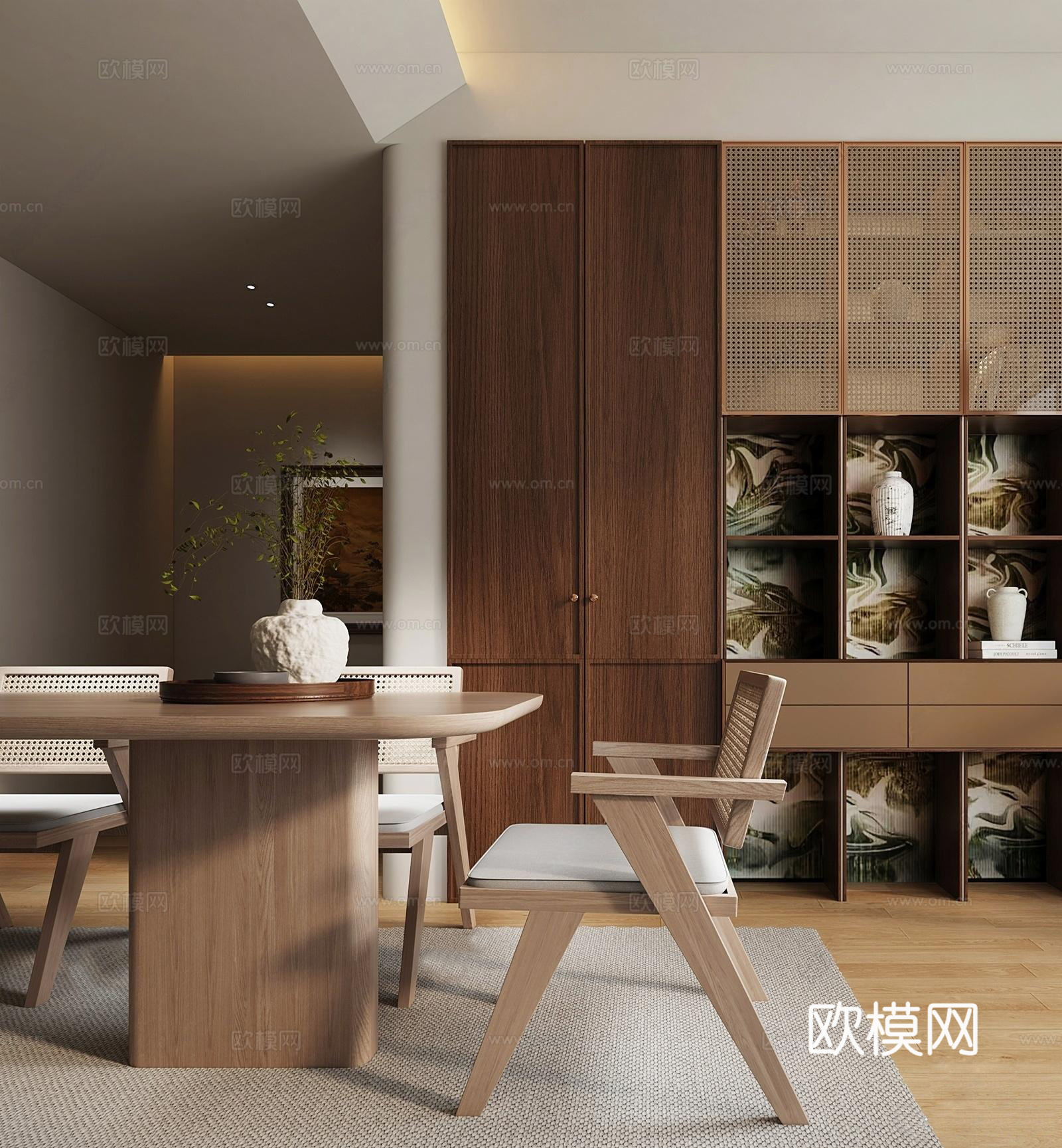 侘寂中古家居餐厅_侘寂中古风餐厅_餐边柜_侘寂中古餐桌椅_餐3d模型下载