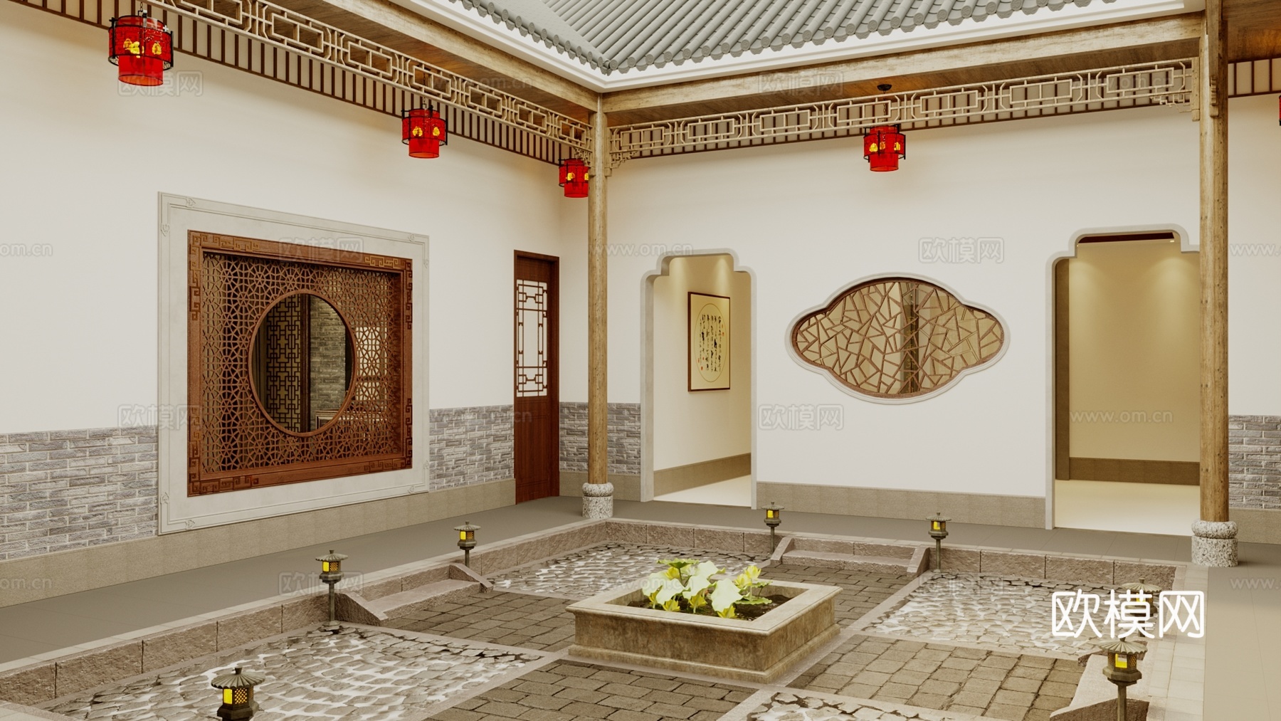 中式客厅庭院大厅房间3d模型下载（渲染图4）