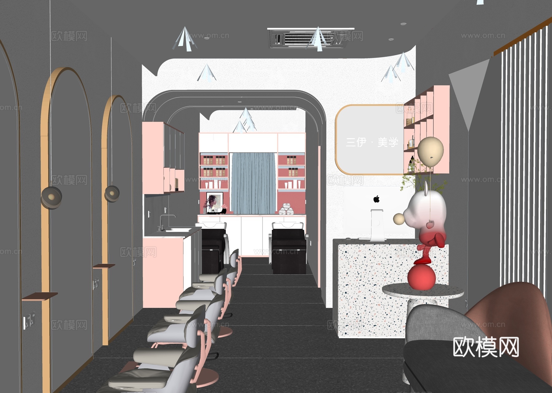 现代理发店 美发店 美容美发门头su模型