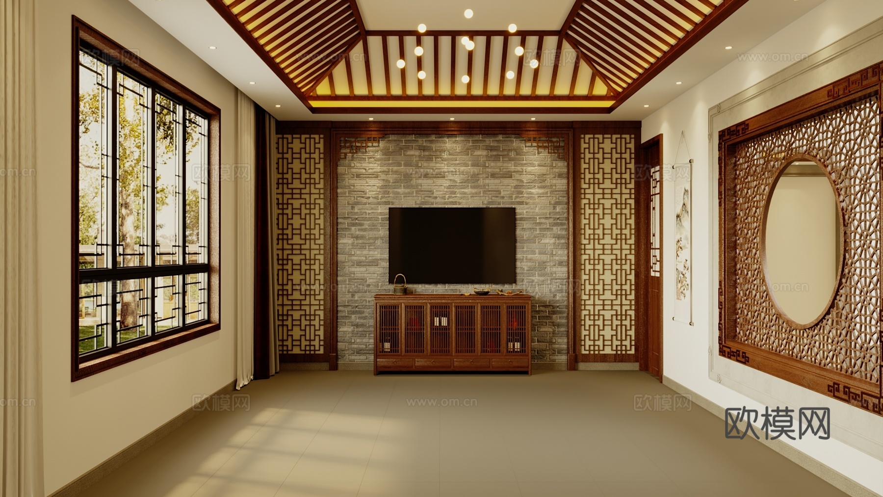 中式客厅庭院大厅房间3d模型下载（渲染图3）