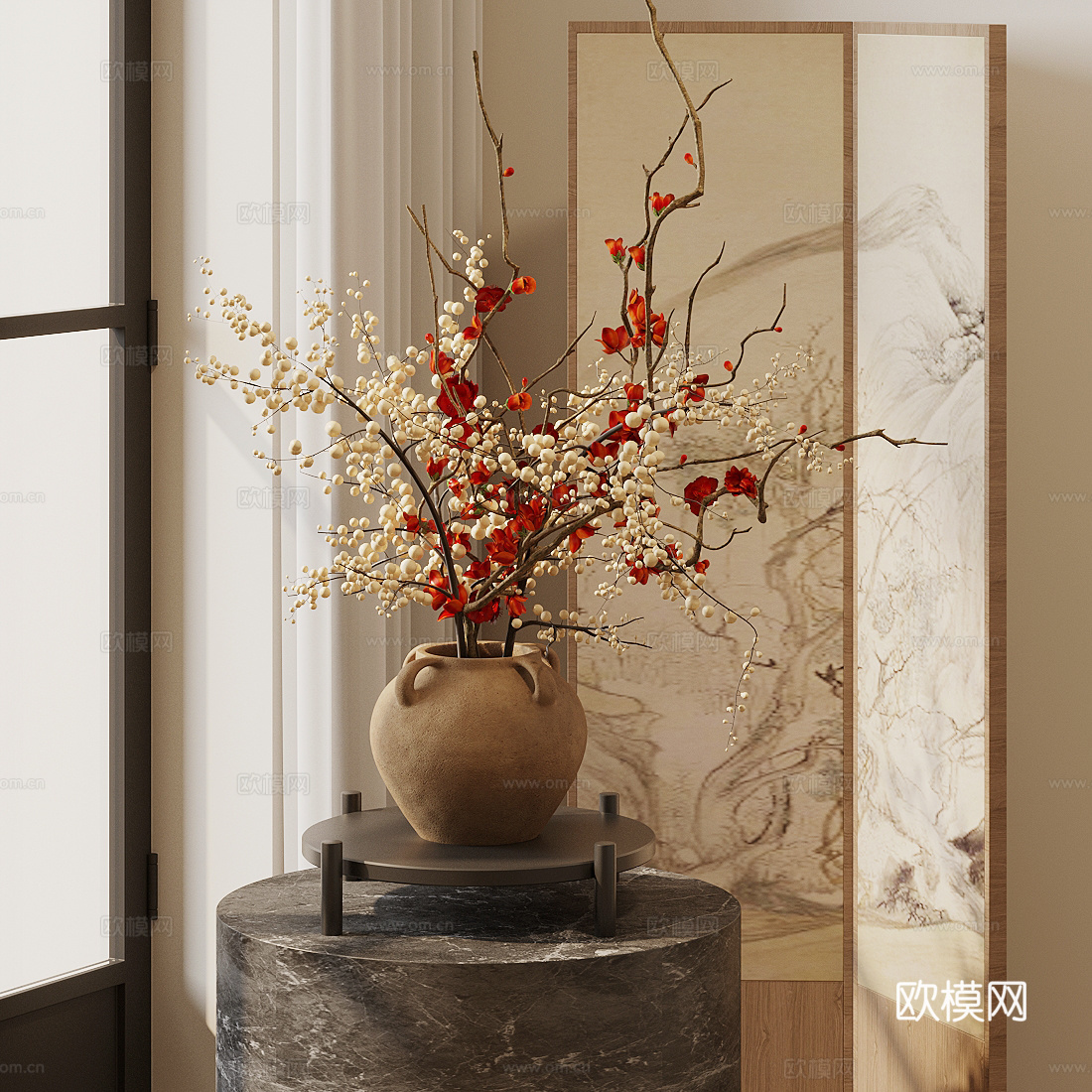 宋式花艺 侘寂风干花  仿真花复古花 陶瓷花瓶 婚庆花艺su模型