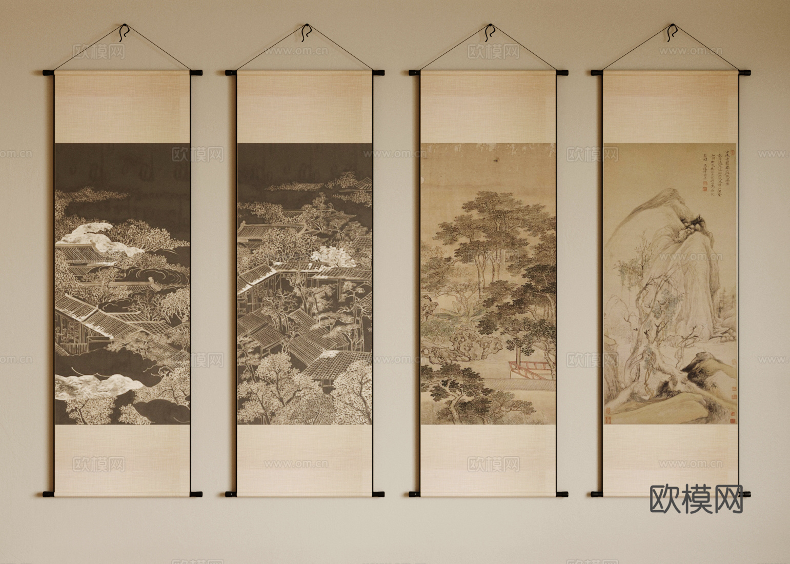 新中式字画 山水字画 宋式字画 中古风字画 山水画 卷轴字画su模型