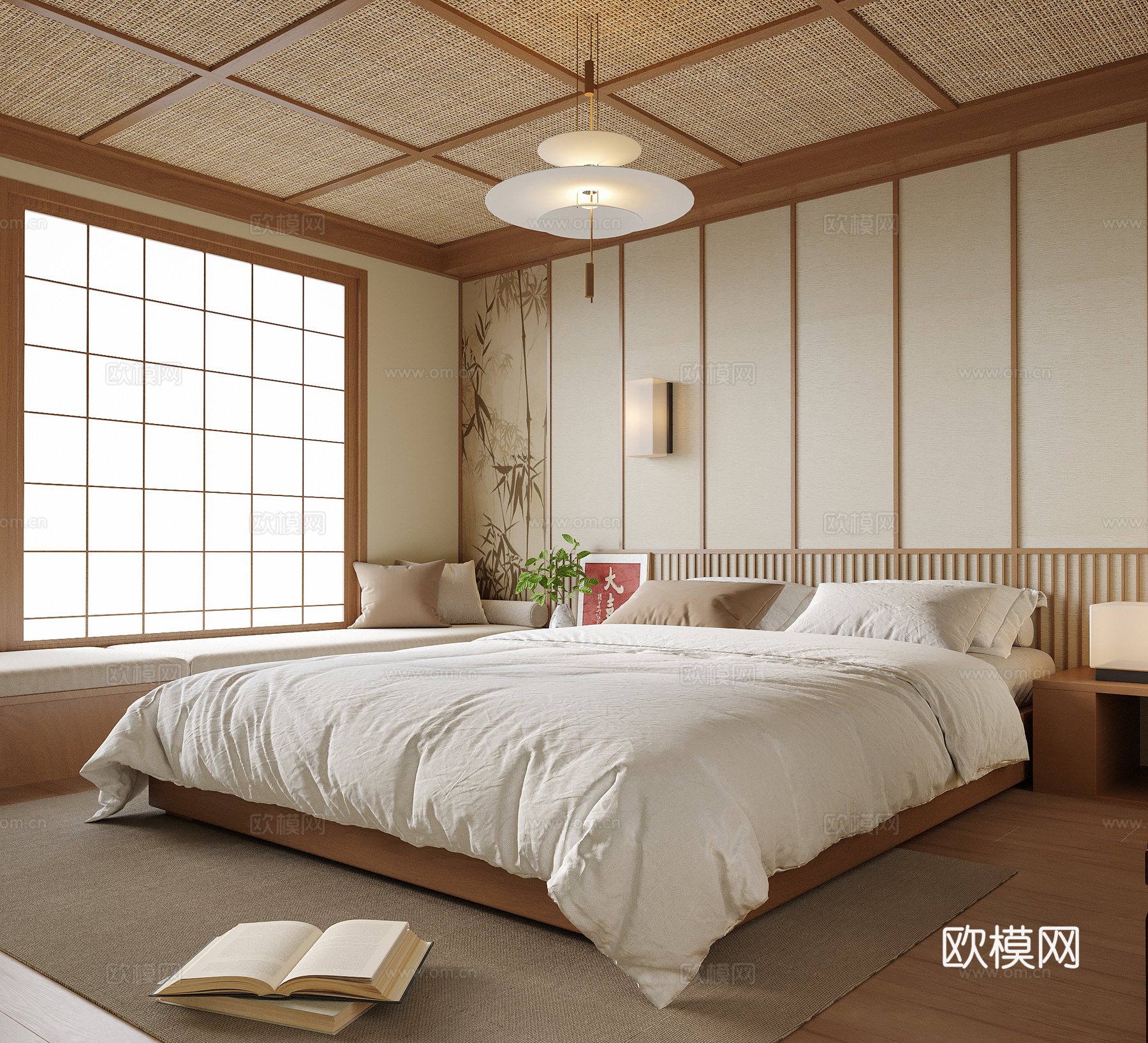 日式卧室 双人床 客房 飘窗su模型