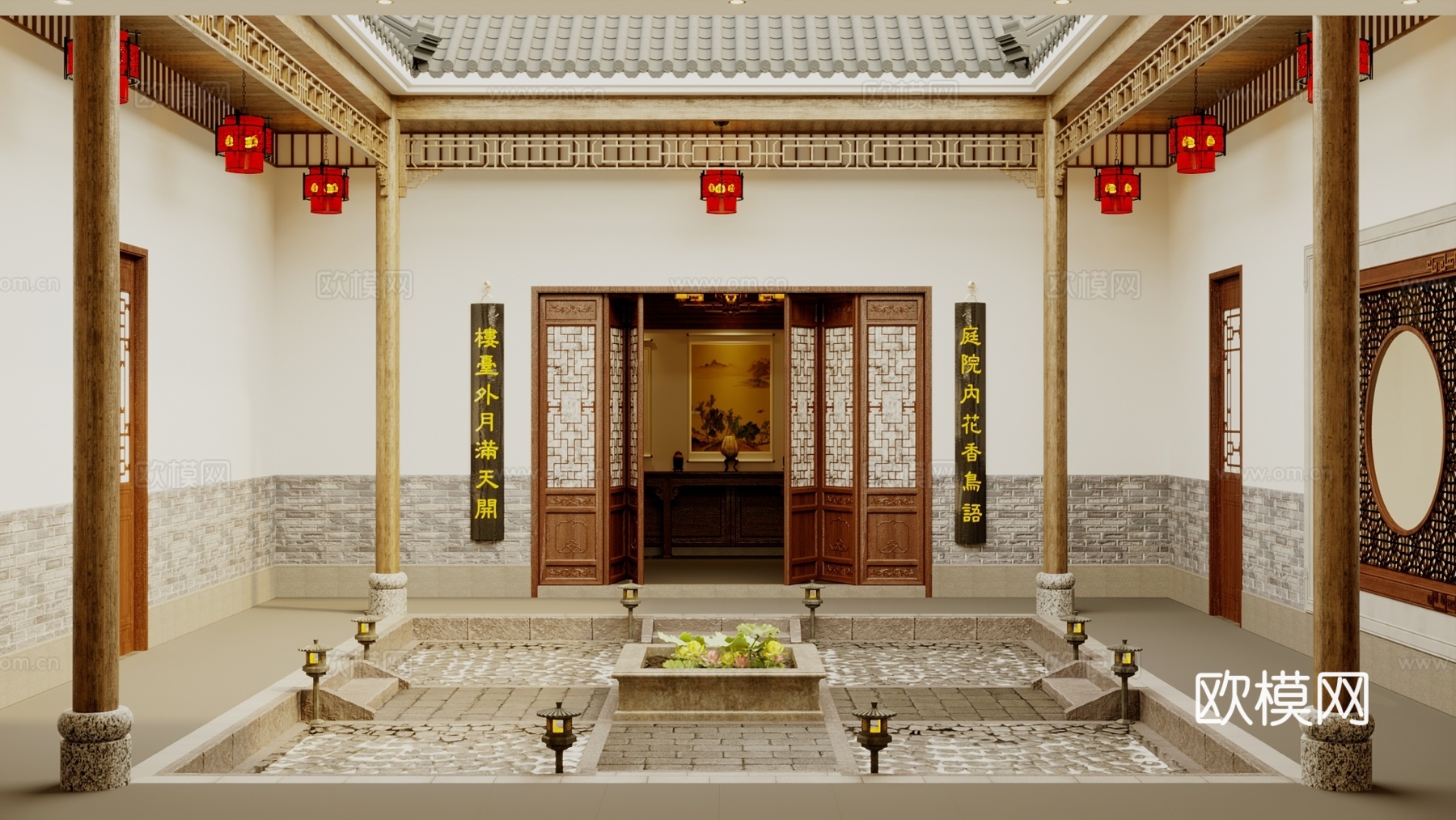 中式客厅庭院大厅房间3d模型下载（渲染图1）