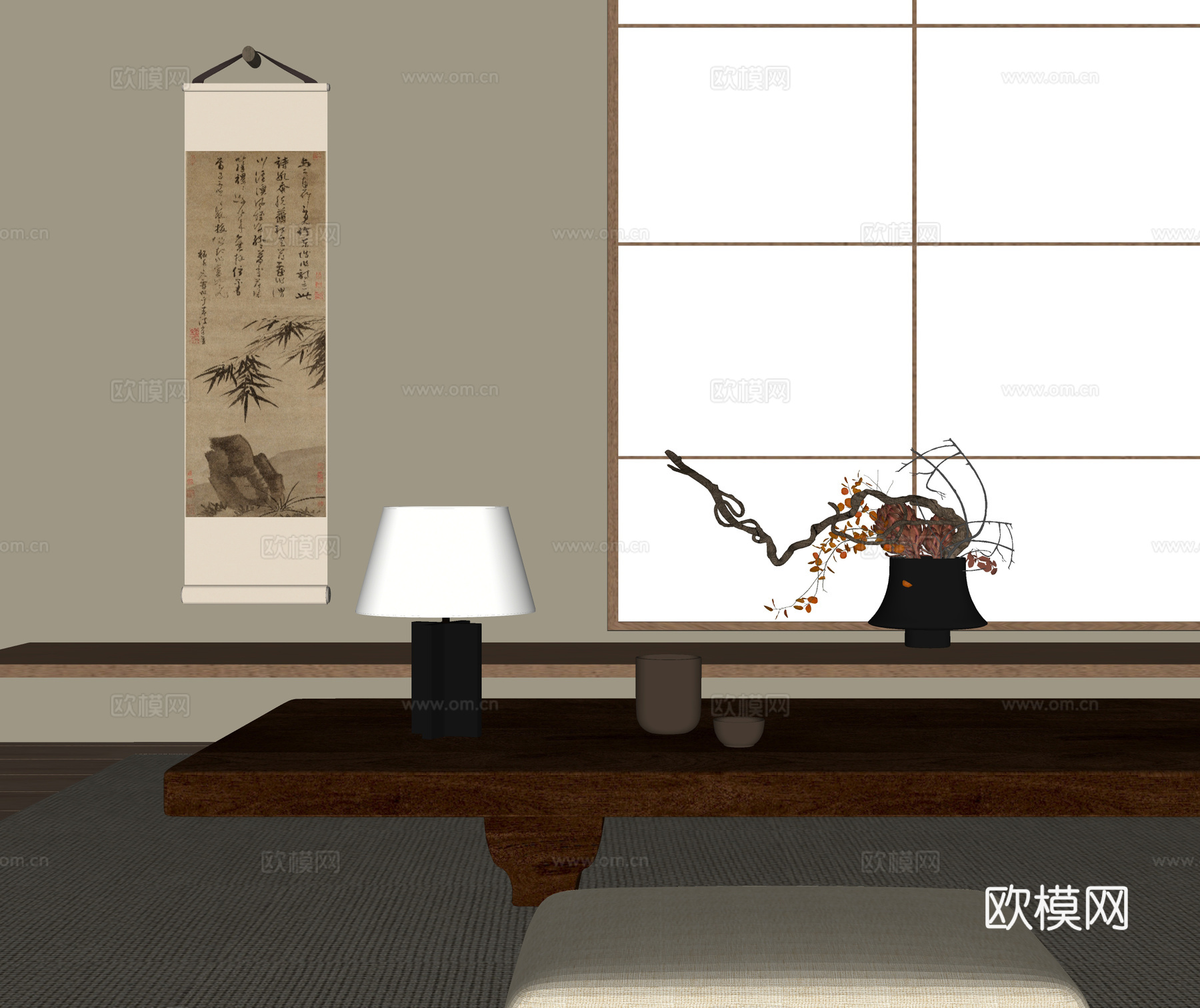 新中式台灯 挂画 茶具 茶室 插花花艺su模型