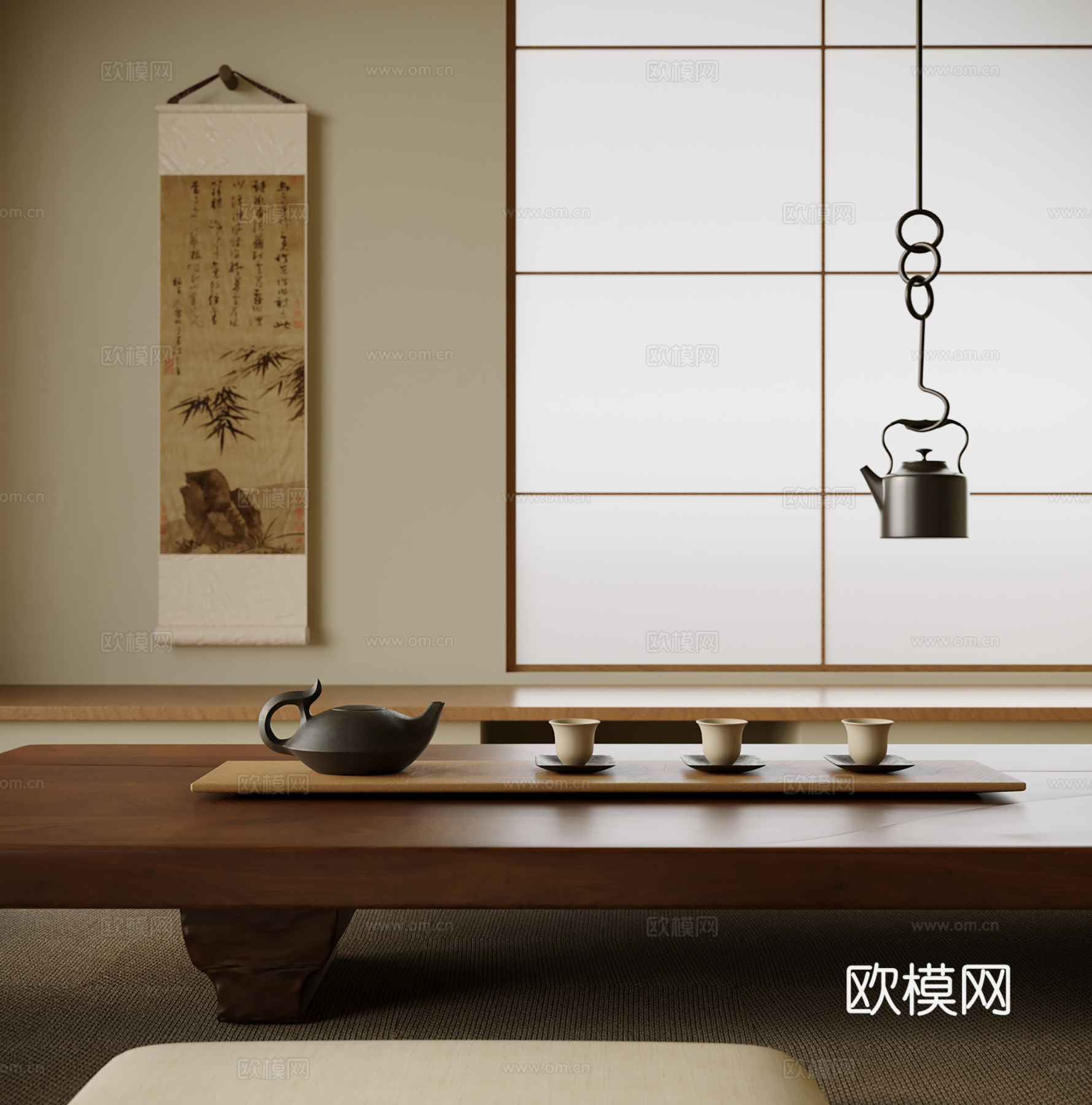 新中式茶几摆件 茶室 茶桌椅 挂画su模型
