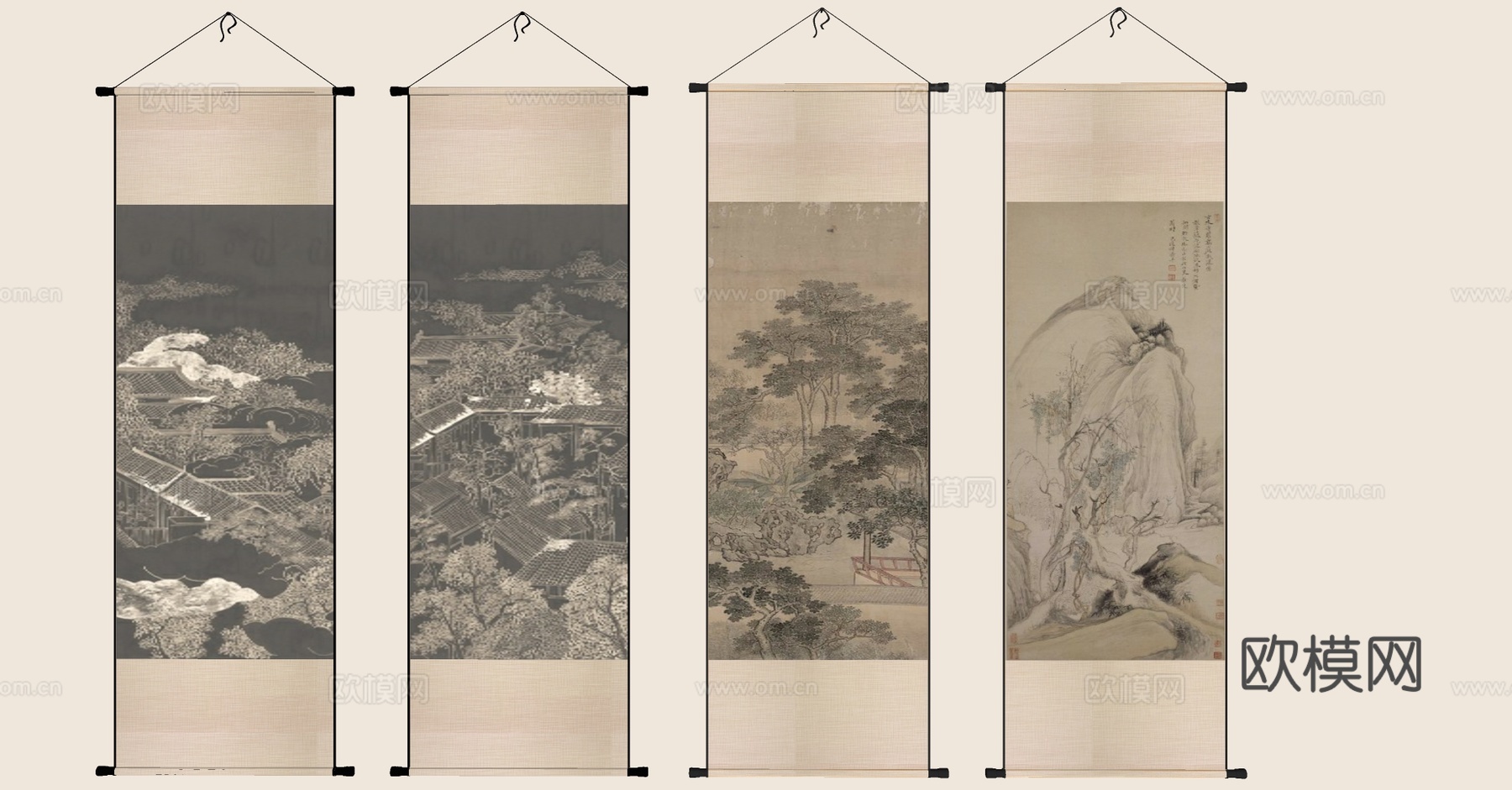 新中式字画 山水字画 宋式字画 中古风字画 山水画 卷轴字画su模型