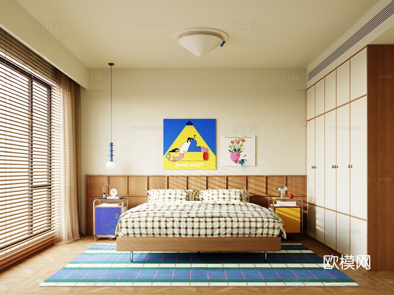 现代孟菲斯风卧室 双人床 床品 床头柜 衣柜3d模型下载
